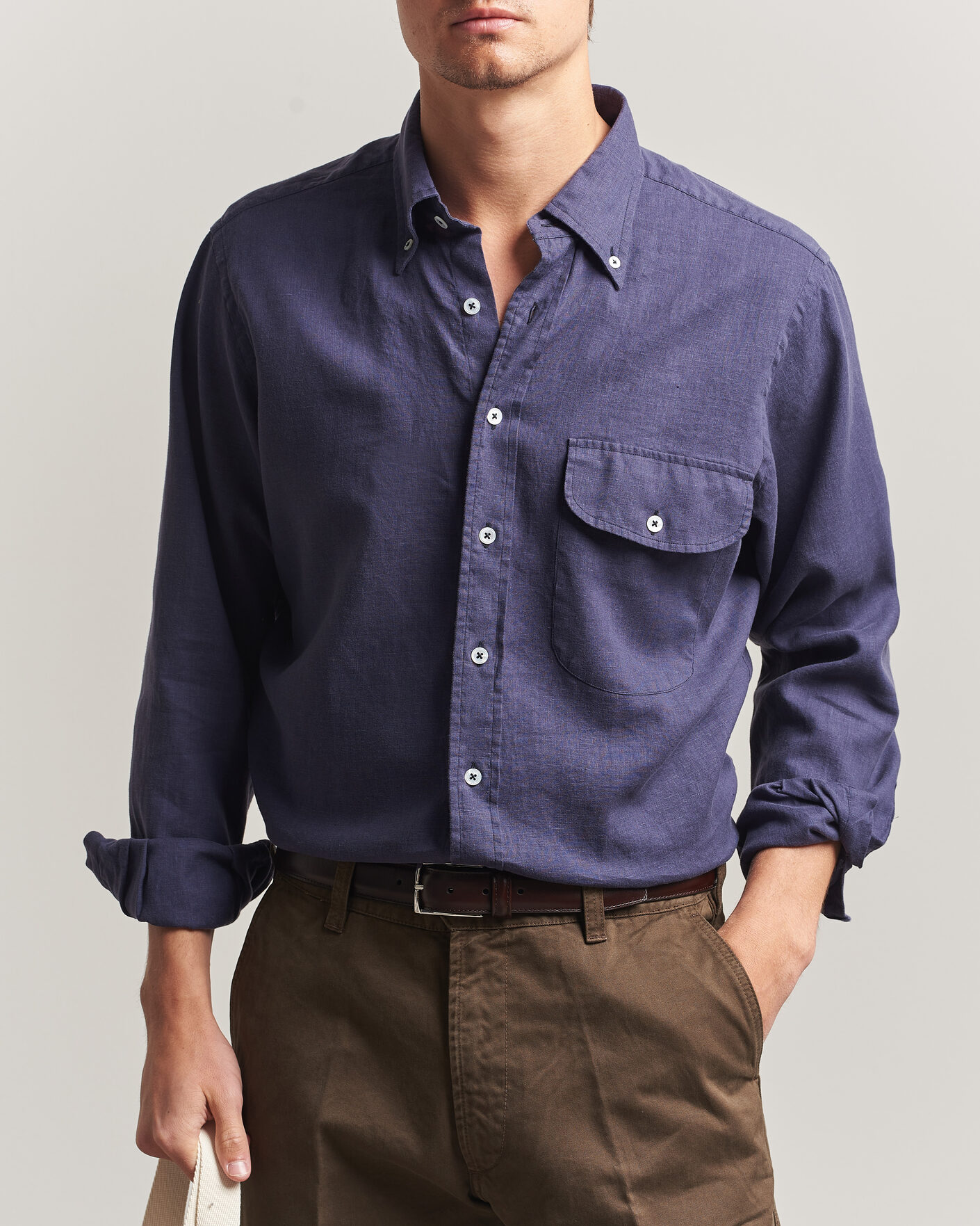 Herren | Hemden | Drake's | Linen Button Down Curved Pocket Shirt Navy