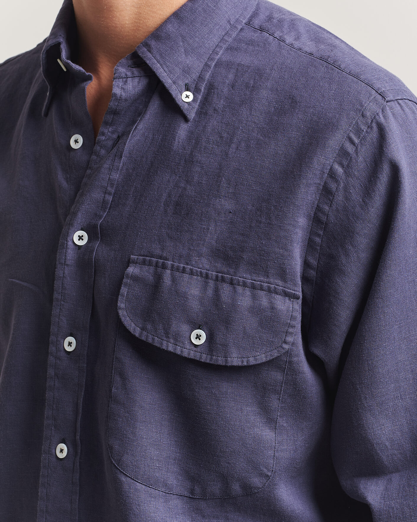 Herren | Hemden | Drake's | Linen Button Down Curved Pocket Shirt Navy