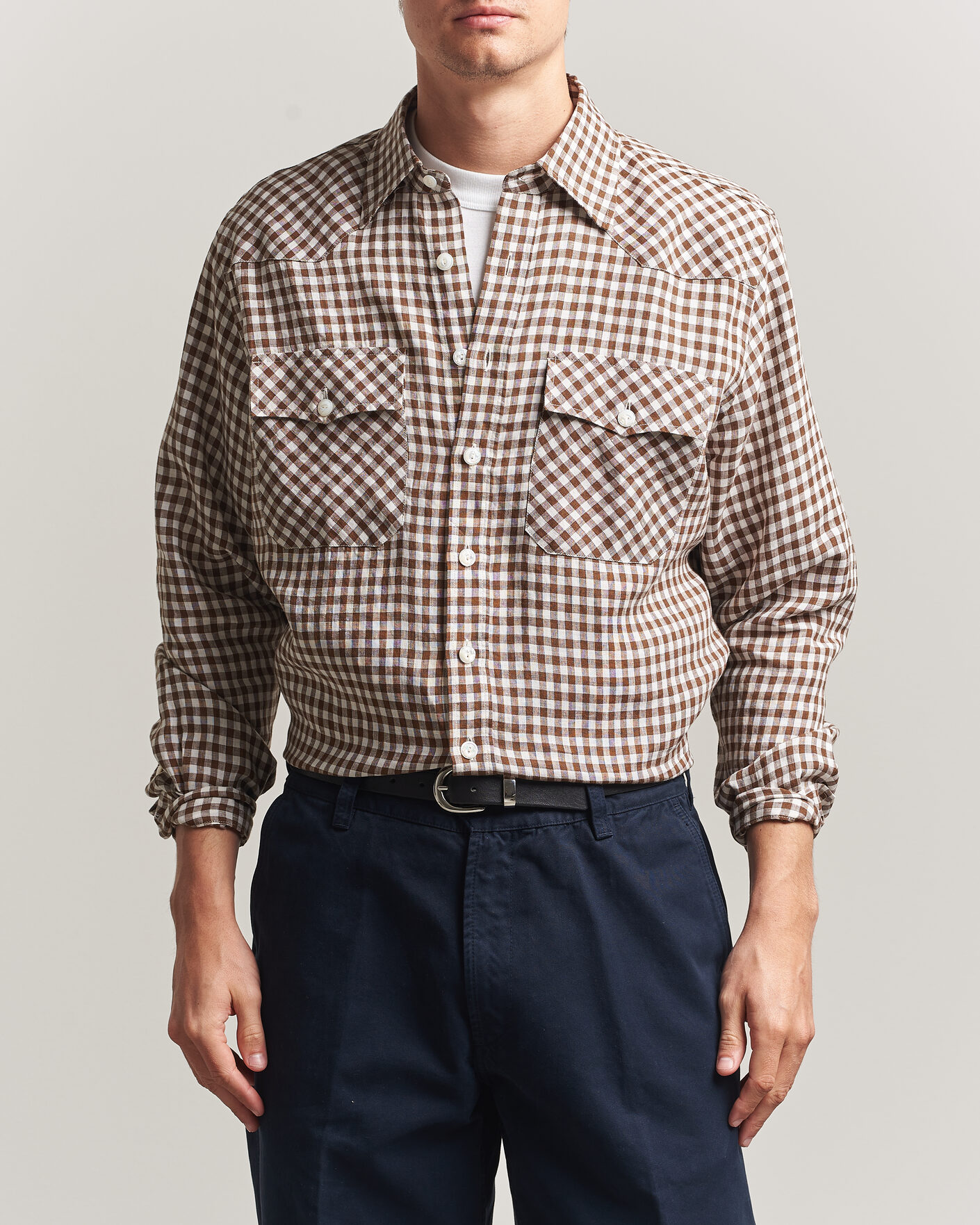 Herren | Hemden | Drake's | Linen Gingham Western Shirt Brown/White