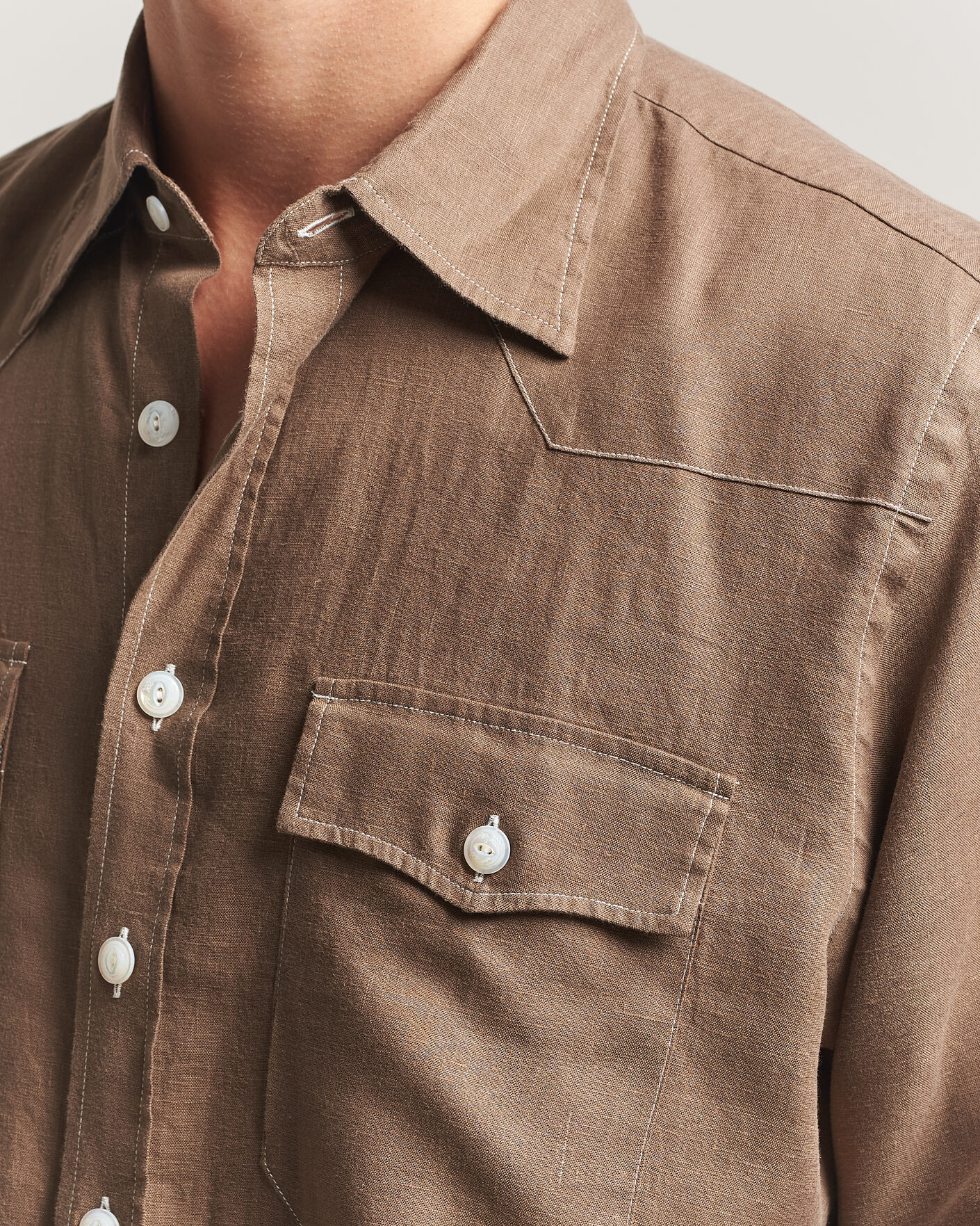 Herren | Hemden | Drake's | Solid Linen Western Shirt Brown