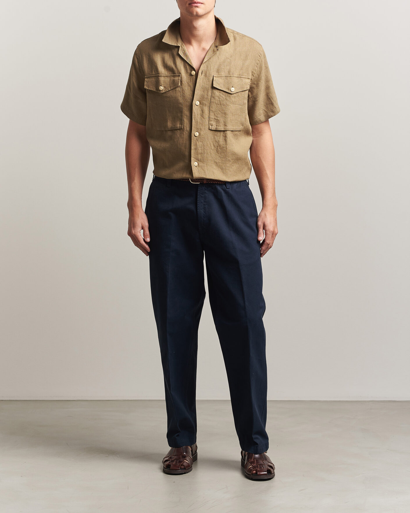 Herren | Hemden | Drake's | Military Short Sleeve Camp Collar Shirt Khaki