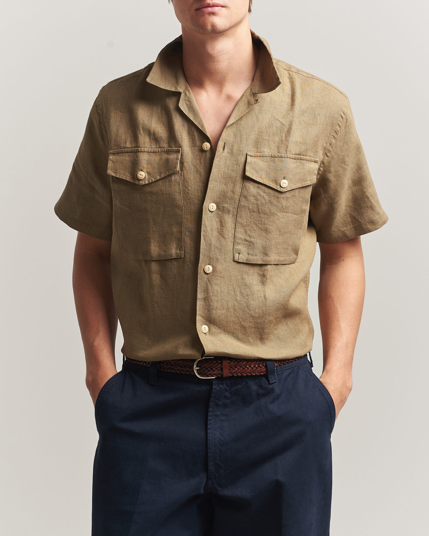 Herren | Hemden | Drake's | Military Short Sleeve Camp Collar Shirt Khaki