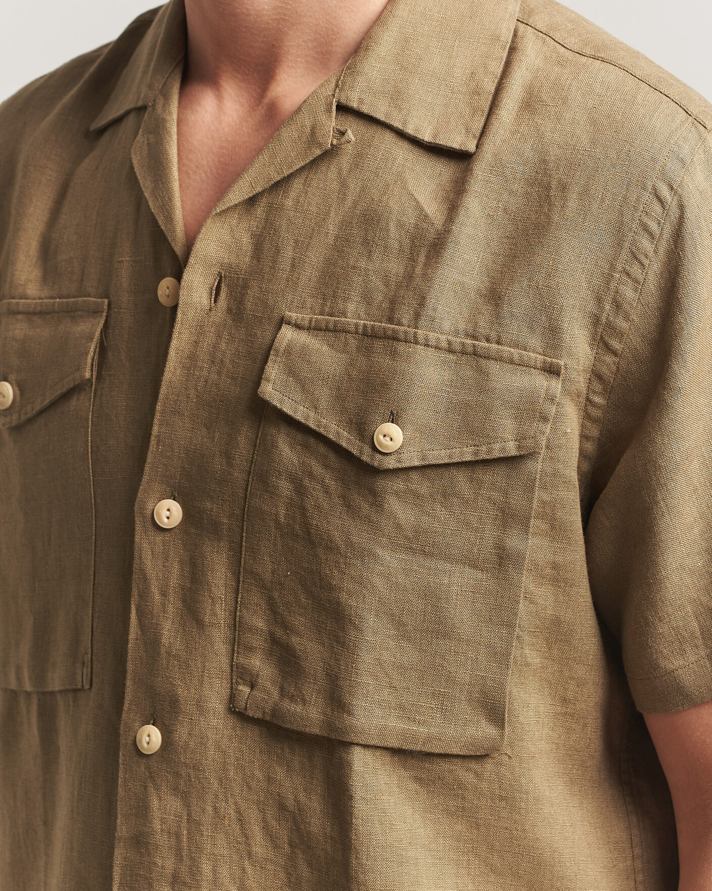 Herren | Hemden | Drake's | Military Short Sleeve Camp Collar Shirt Khaki