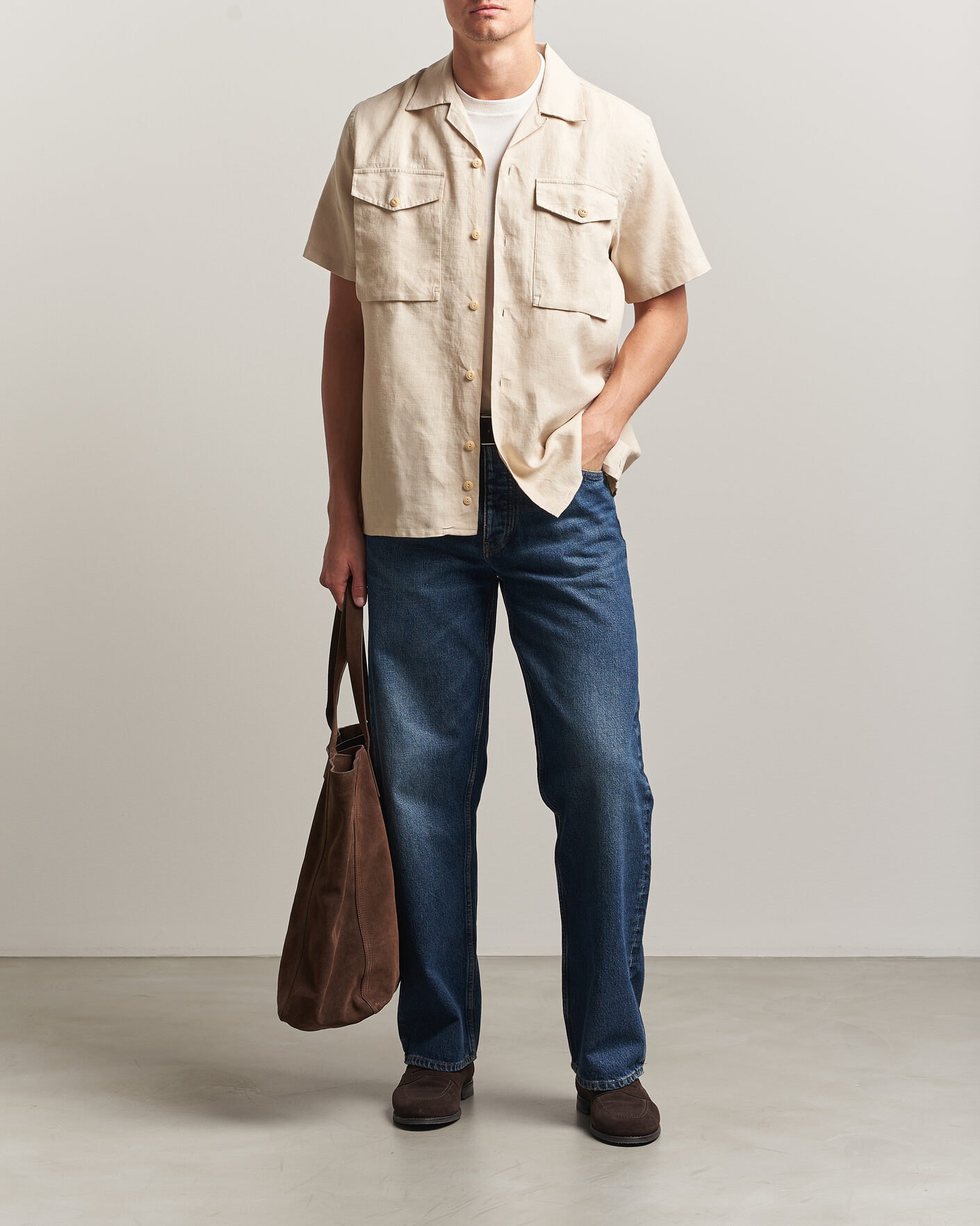 Herren | Hemden | Drake's | Military Short Sleeve Camp Collar Shirt Ecru