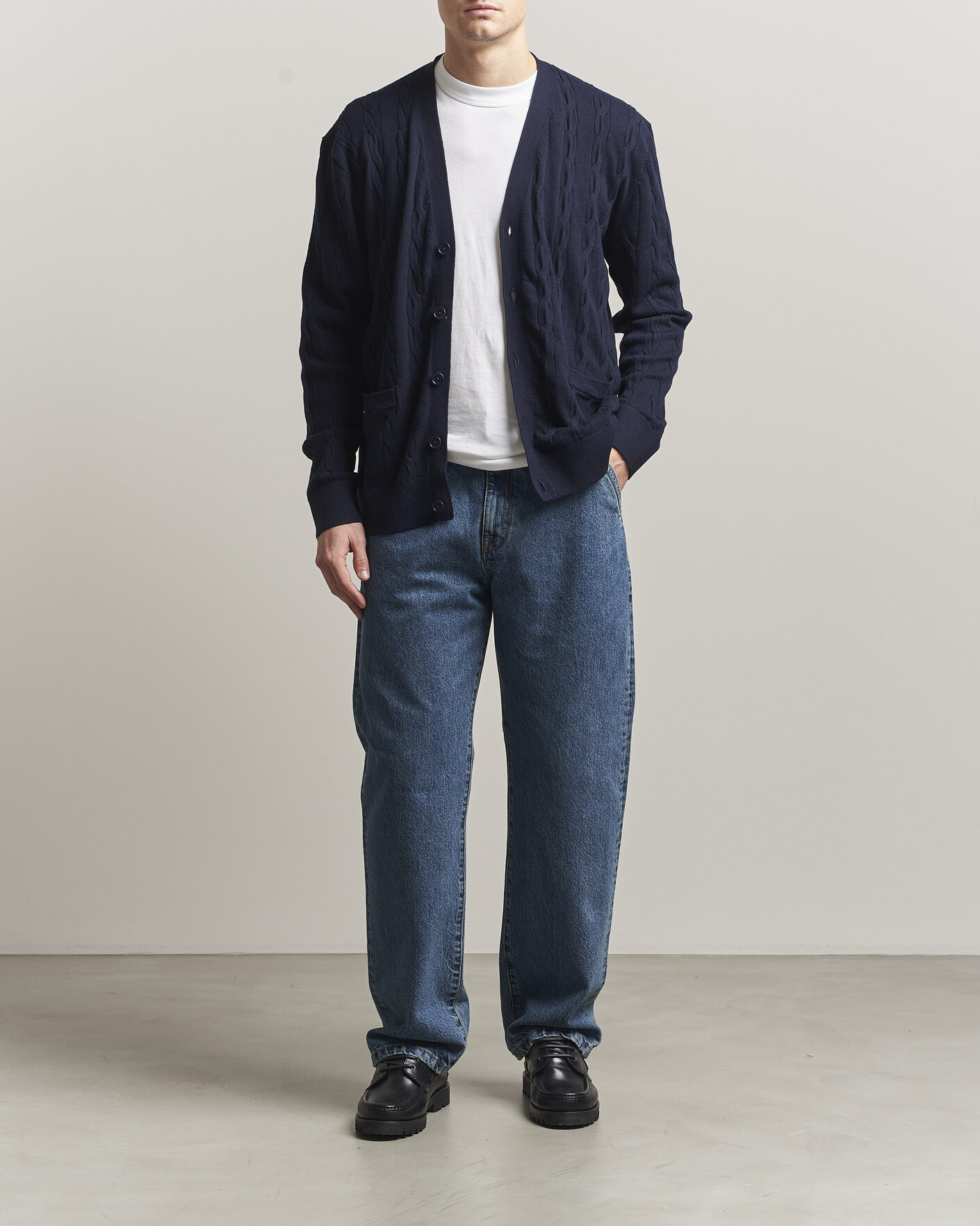 Herren | Pullover | Filippa K | Cotton/Merino Cable Cardigan Navy