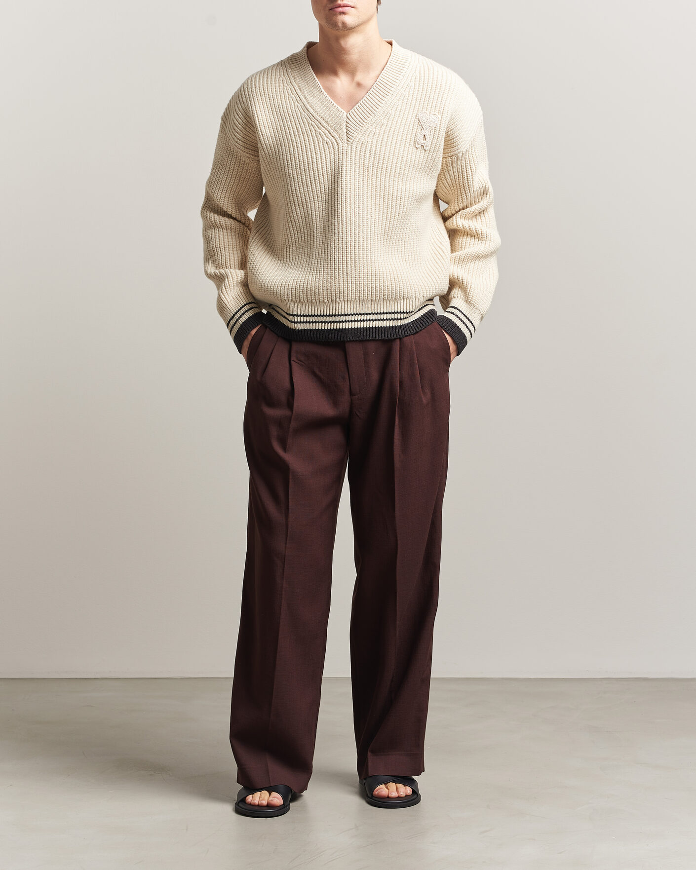 Herren | Pullover | AMI | Wool/Cotton Ribbed V-Neck Creme
