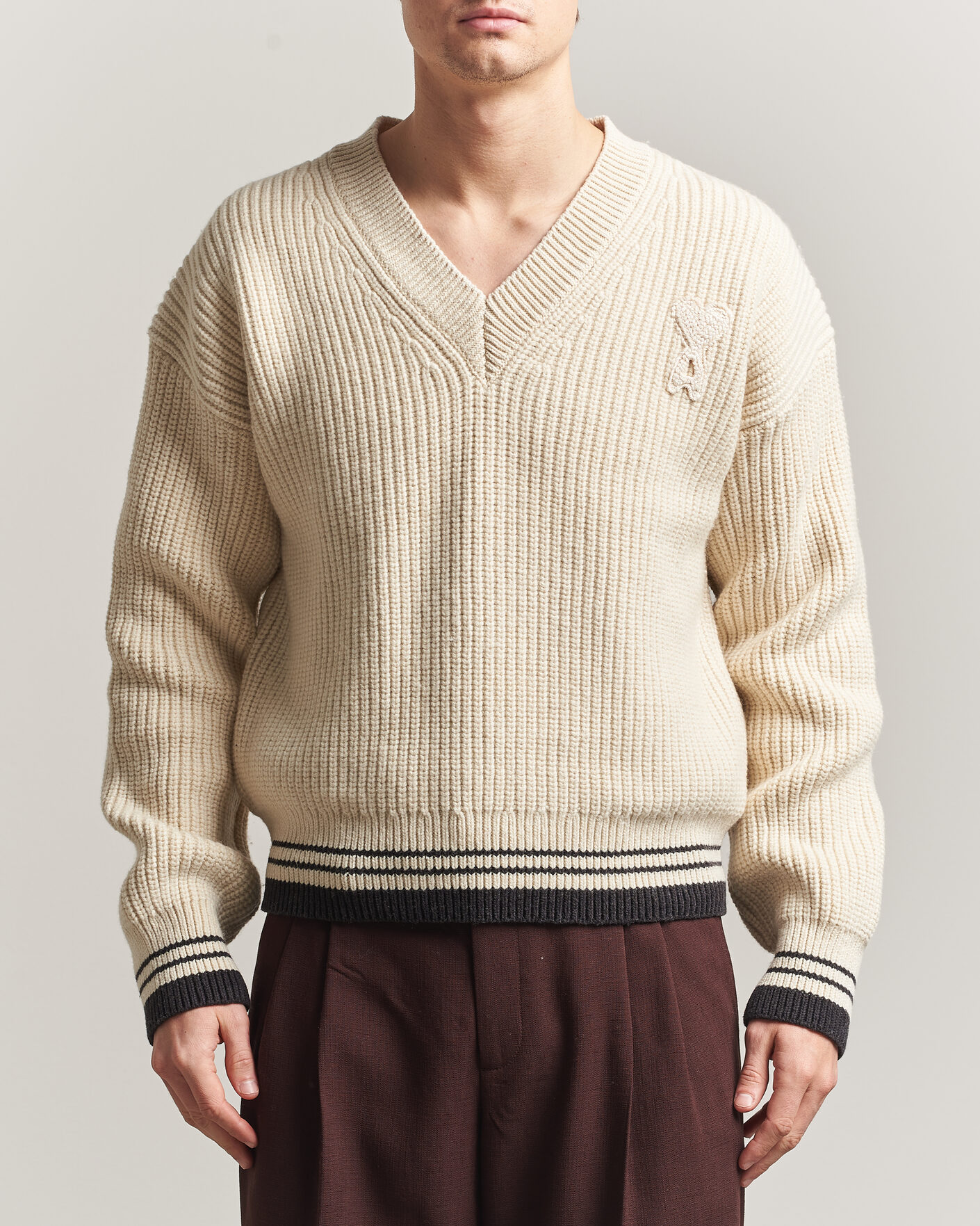 Herren | Pullover | AMI | Wool/Cotton Ribbed V-Neck Creme