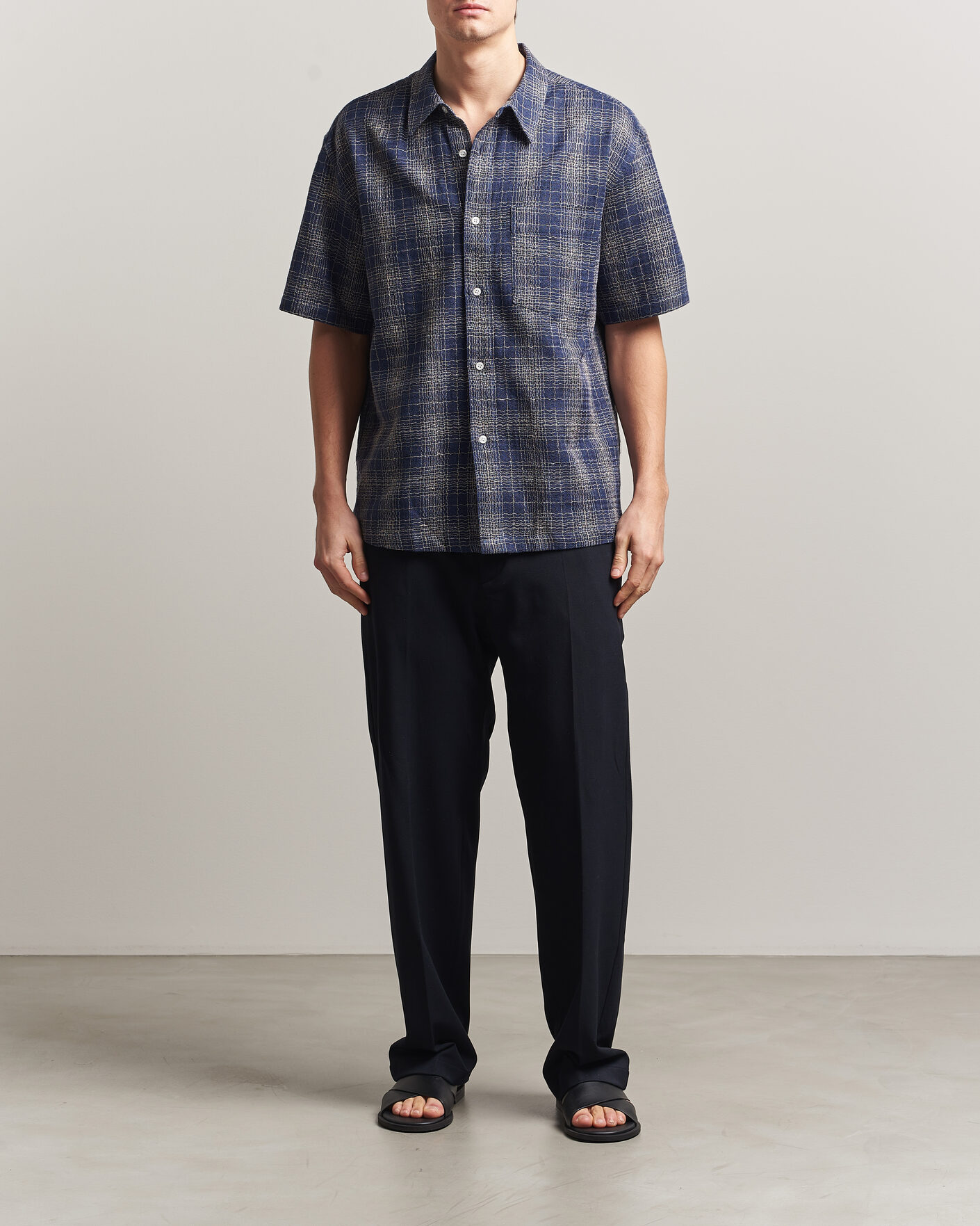 Herren | Hemden | Palmes | Cotton/Linen Short Sleeve Shirt Navy Check