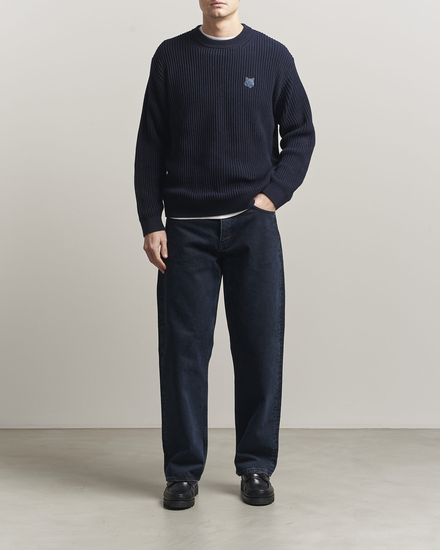 Herren | Pullover | Maison Kitsuné | Tonal Fox Head Rib Knitted Sweater Navy