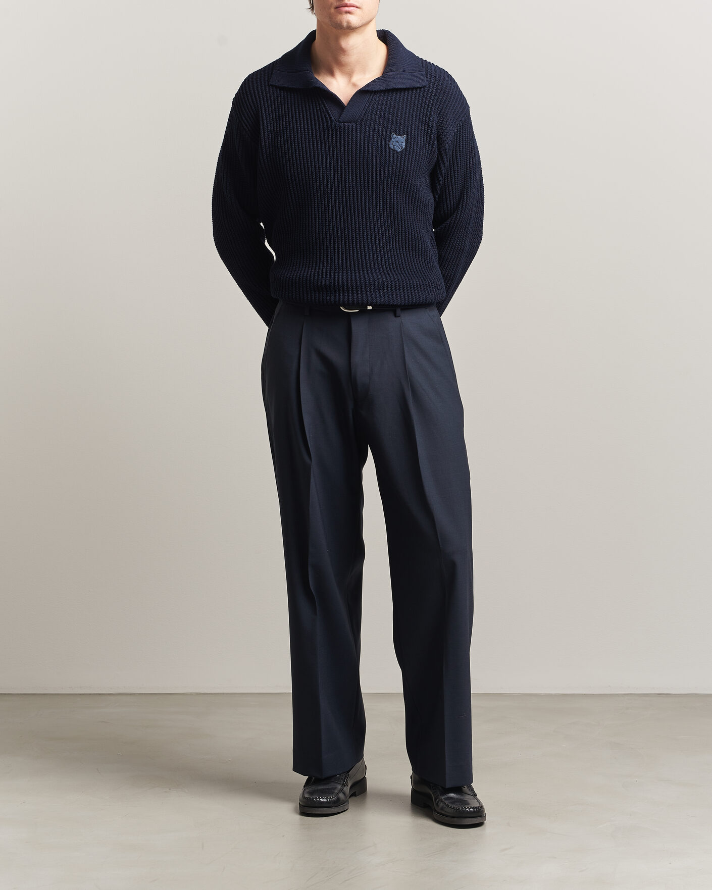 Herren | Poloshirts | Maison Kitsuné | Tonal Fox Head Rib Knitted Polo Navy