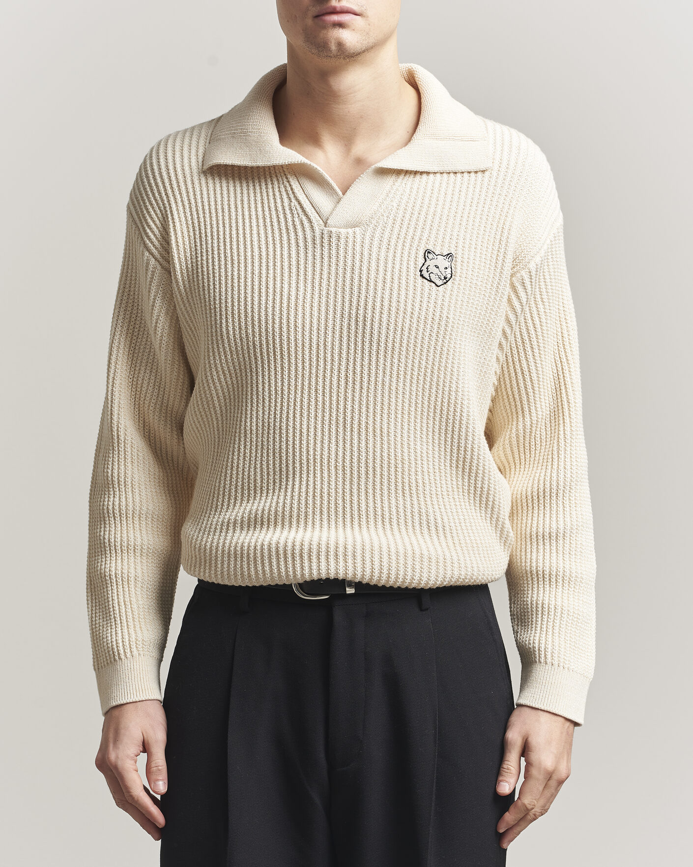 Herren | Poloshirts | Maison Kitsuné | Tonal Fox Head Rib Knitted Polo Sandshell