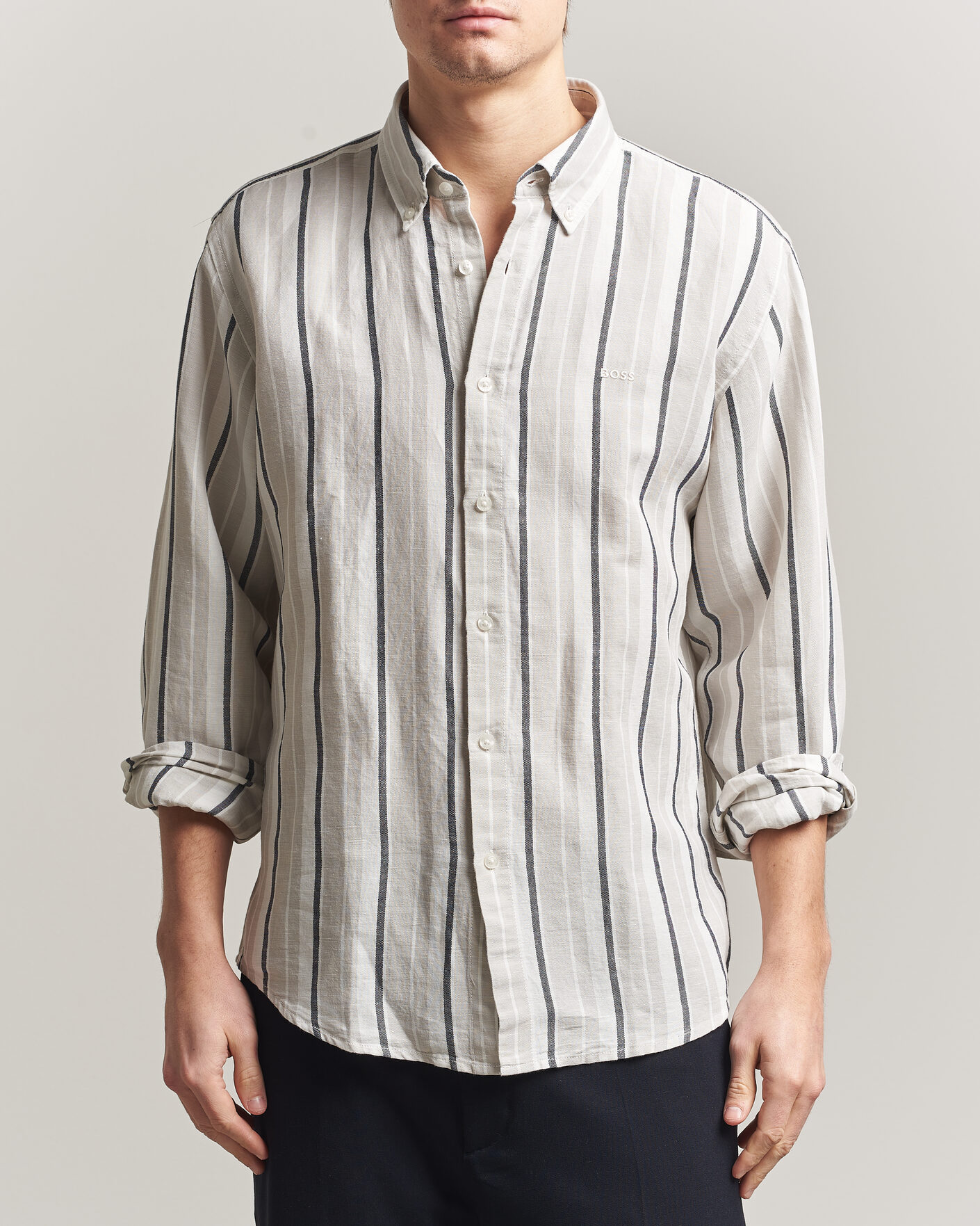 Herren | Hemden | BOSS ORANGE | Ricoplus Linen/Cotton Striped Shirt Beige