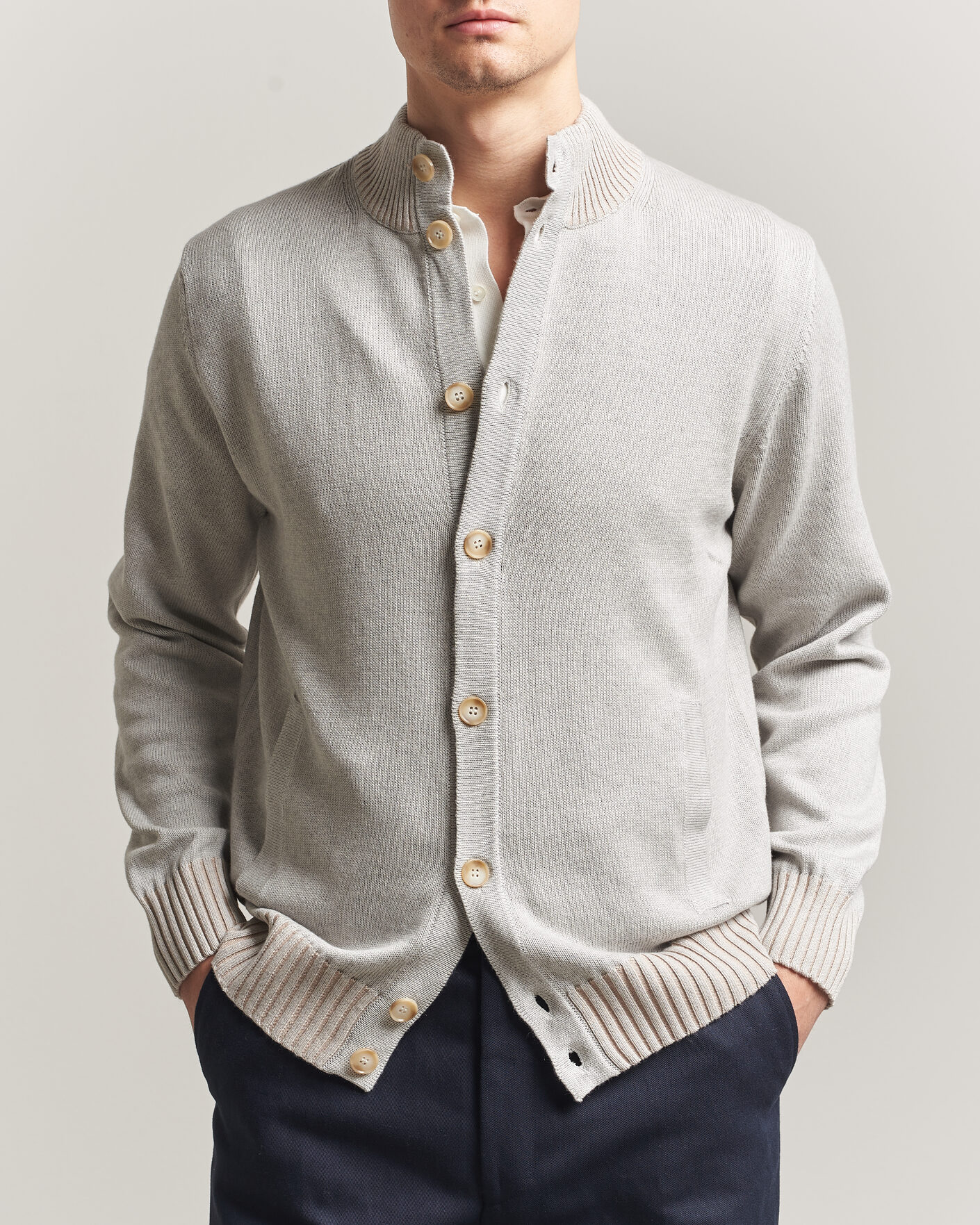 Herren | Pullover | Morgano | Cotton/Cashmere Knitted Cardigan Light Grey