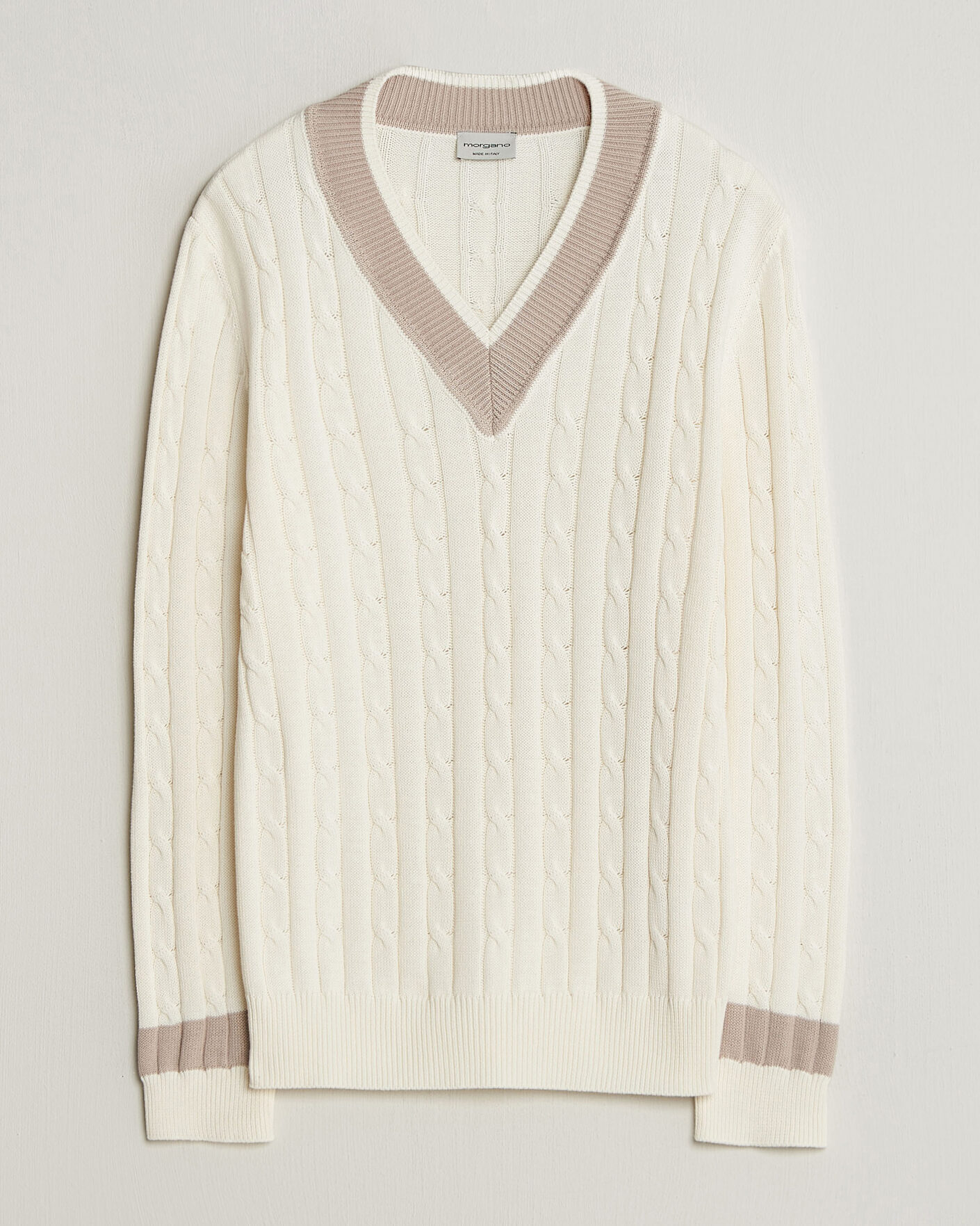 Herren | Pullover | Morgano | Cable Knitted Cotton V-Neck White/Beige