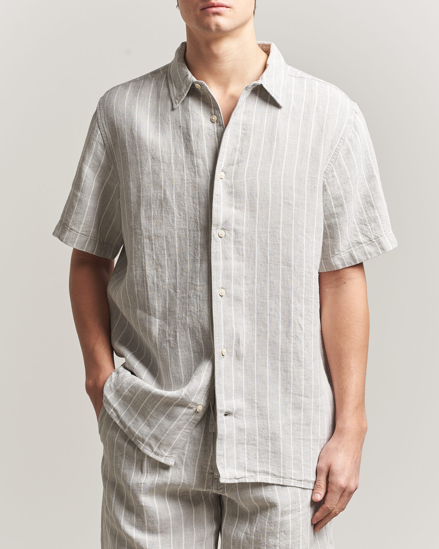 Herren | Hemden | KnowledgeCotton Apparel | Striped Linen Resort Shirt Grey