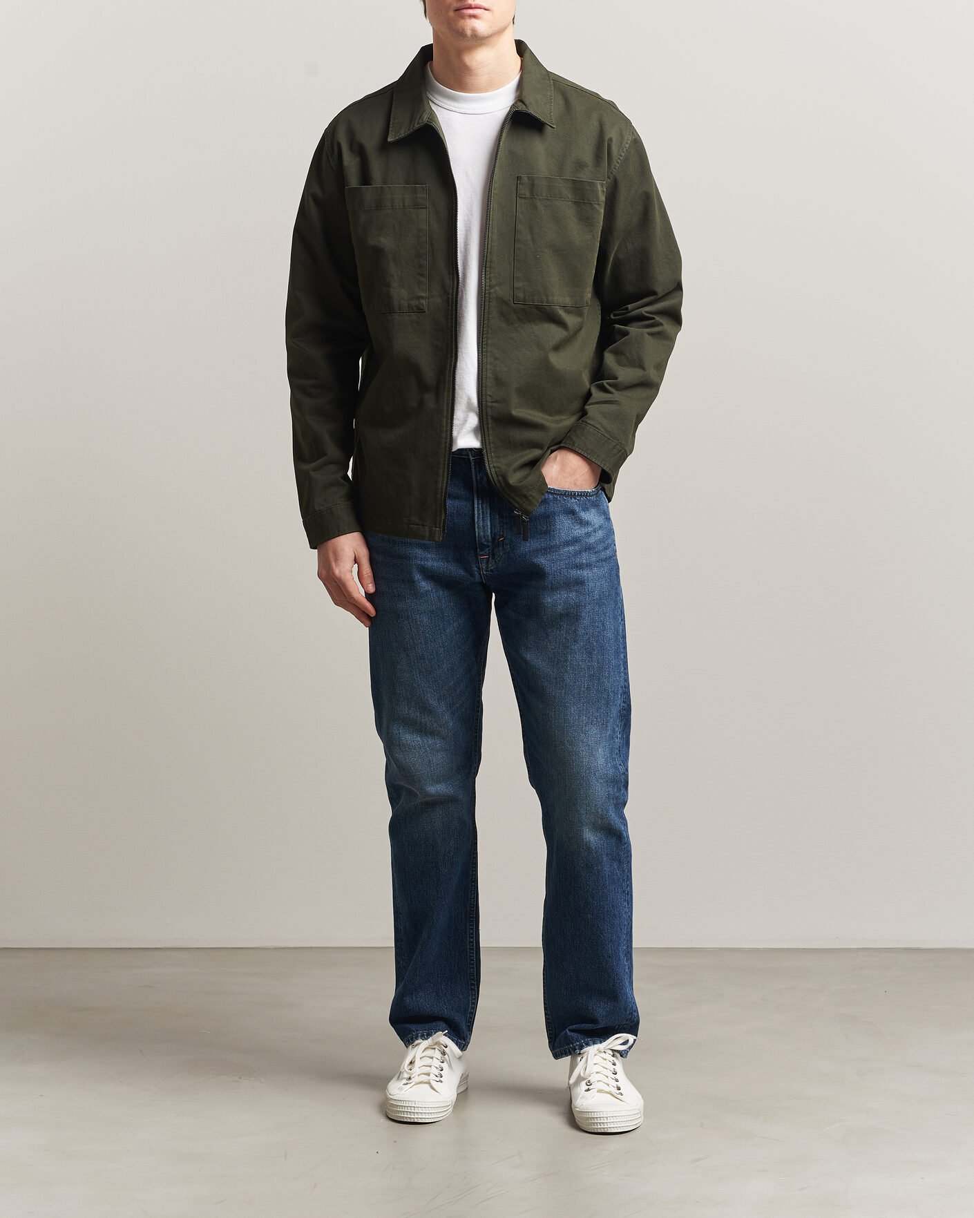 Herren | Hemden | KnowledgeCotton Apparel | Cotton Twill Stretch Zip Overshirt Forest Night