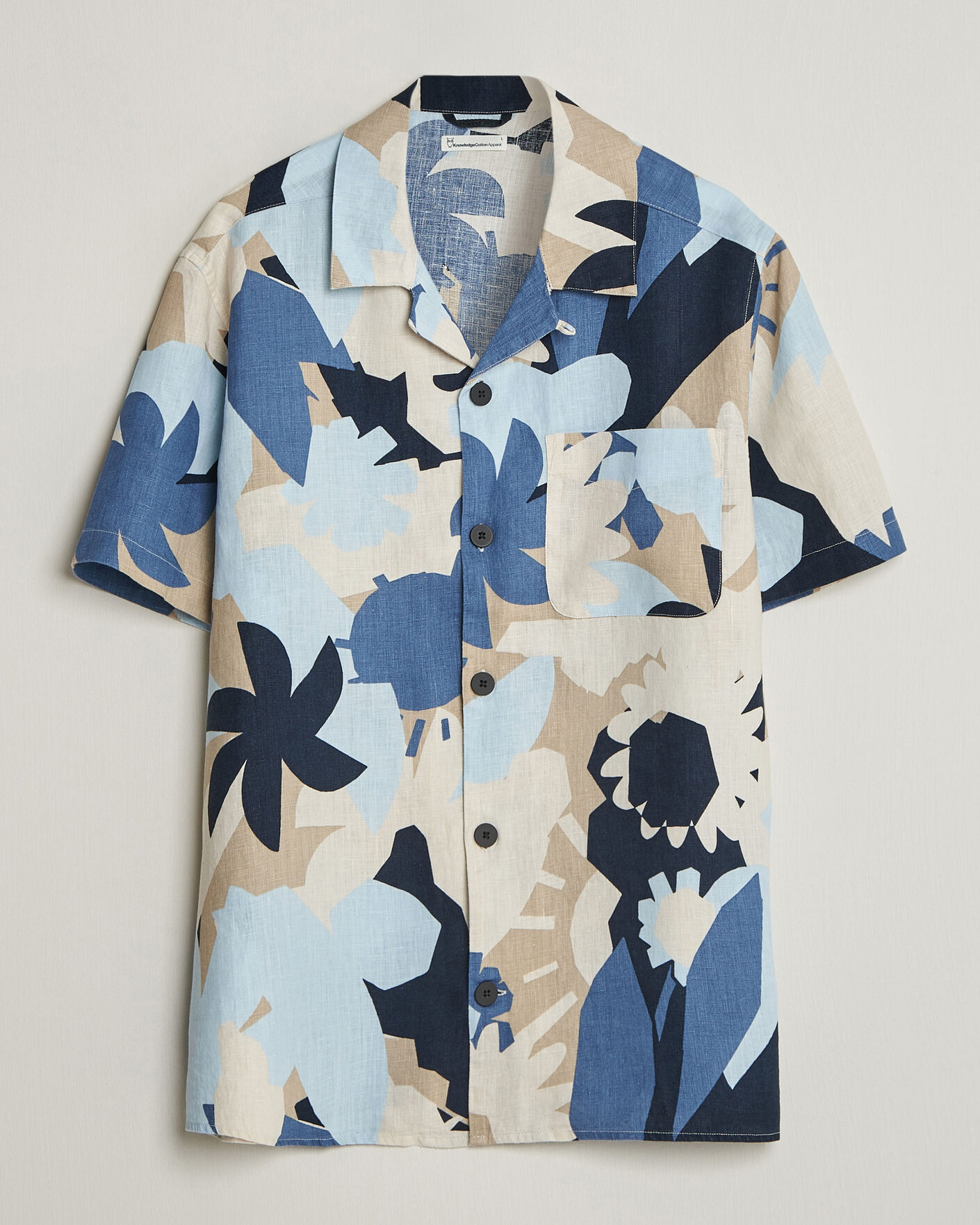 Herren | Hemden | KnowledgeCotton Apparel | Relaxed Printed Linen Short Sleeve Shirt Blue