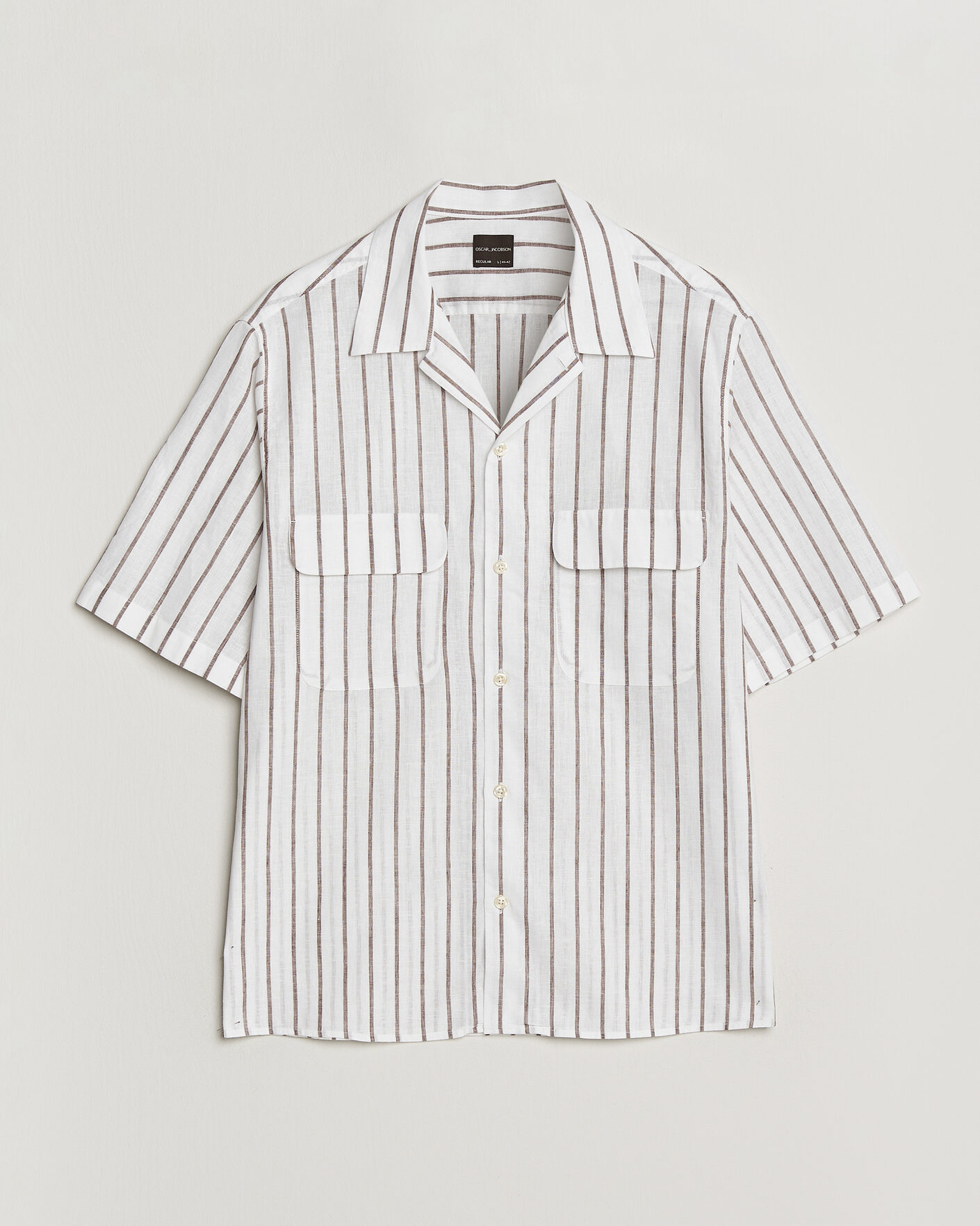 Herren | Hemden | Oscar Jacobson | Striped Short Sleeve Linen Shirt Brown/White