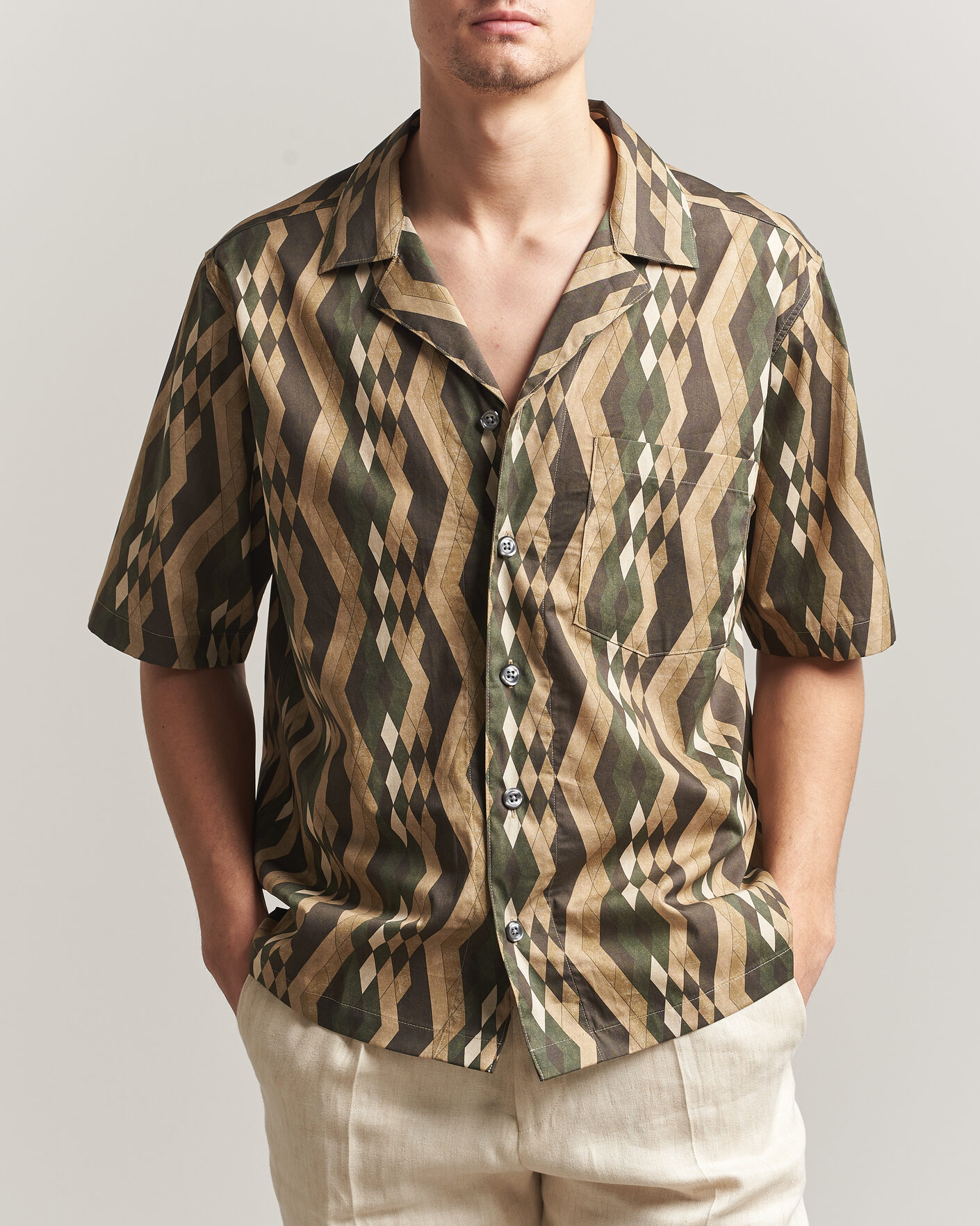 Herren | Hemden | Oscar Jacobson | Reg Fit Cuban Printed Short Sleeve Shirt Olive