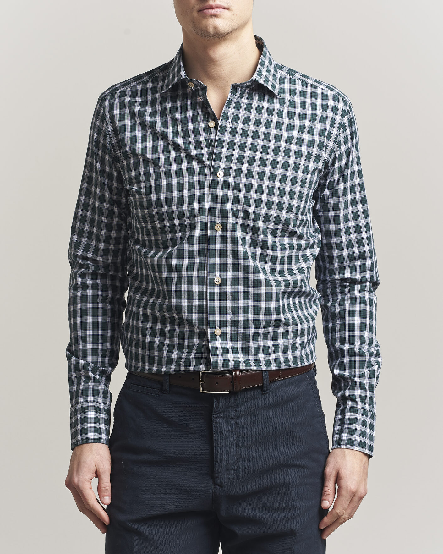 Herren | Hemden | Grigio | Washed Casual Shirt Green Check