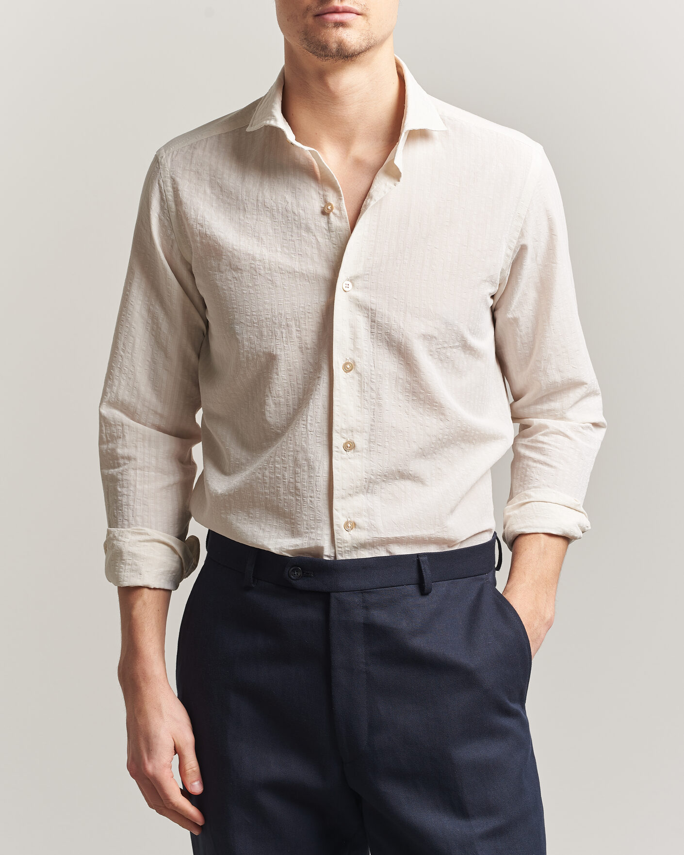 Herren | Hemden | Grigio | Cotton/Linen Seersucker Shirt Off White
