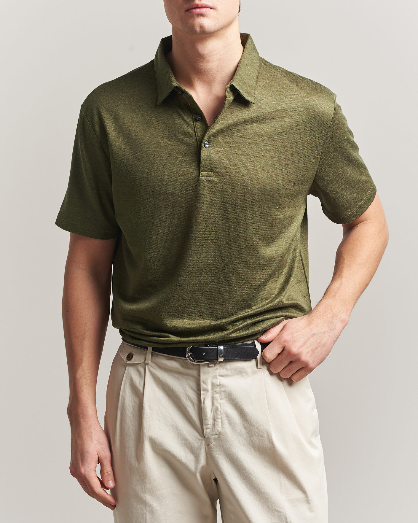 Herren | Poloshirts | Charles Tyrwhitt | Short Sleeve Linen Polo Olive