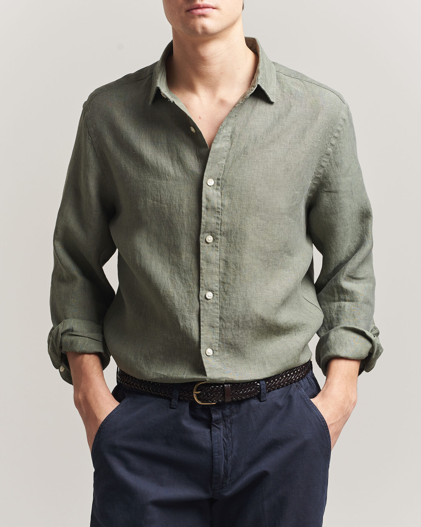 Herren | Hemden | Charles Tyrwhitt | Pure Linen Slim Fit Shirt Olive Green