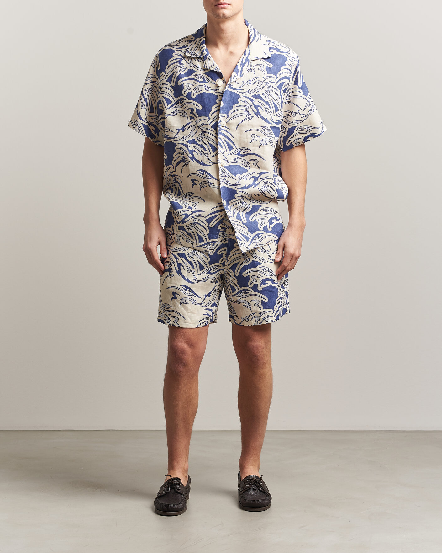 Herren | Hemden | OAS | Cuba Short Sleeve Printed Linen Shirt Rouge Blue