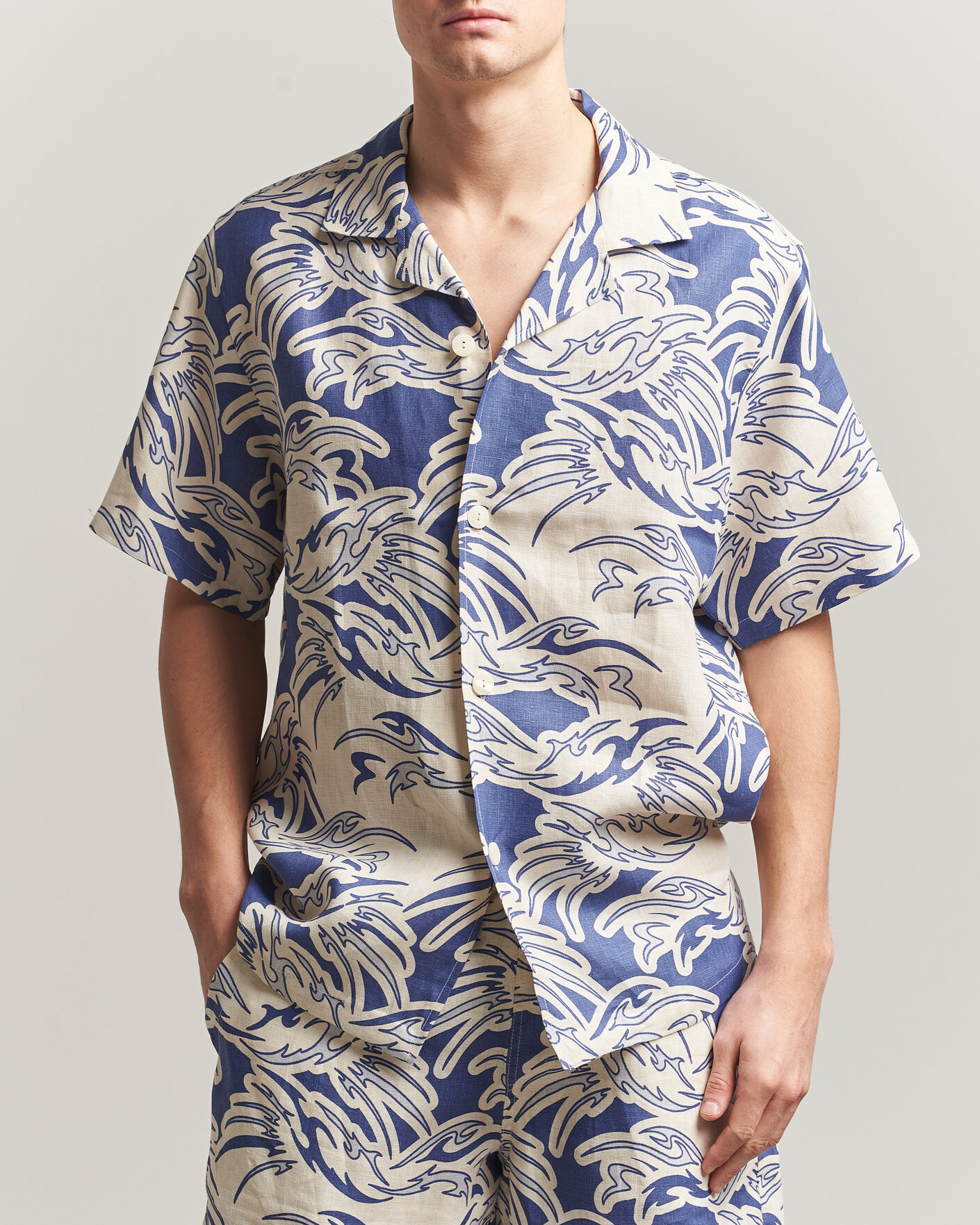 Herren | Hemden | OAS | Cuba Short Sleeve Printed Linen Shirt Rouge Blue