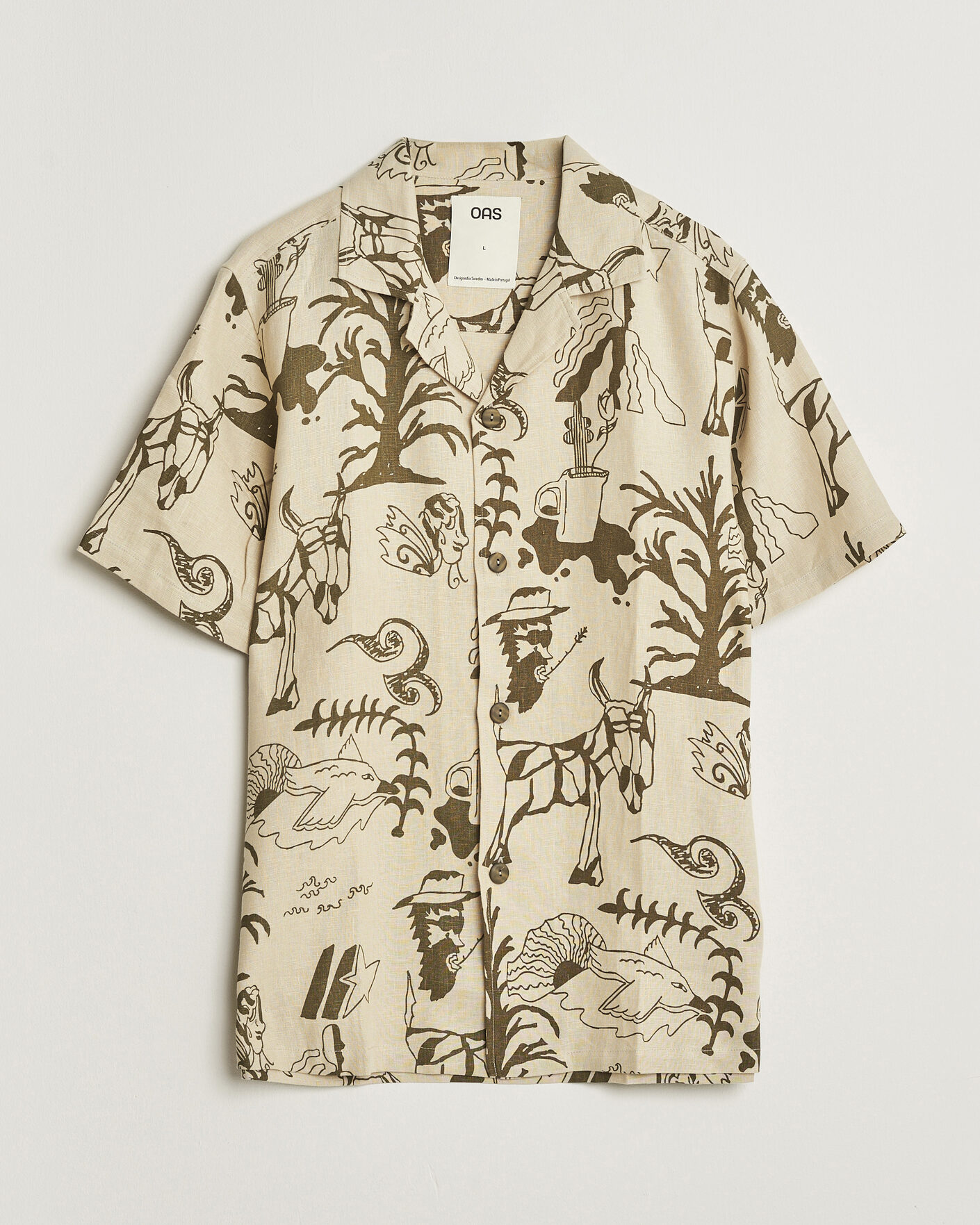 Herren | Hemden | OAS | Cuba Short Sleeve Printed Linen Shirt Poplan