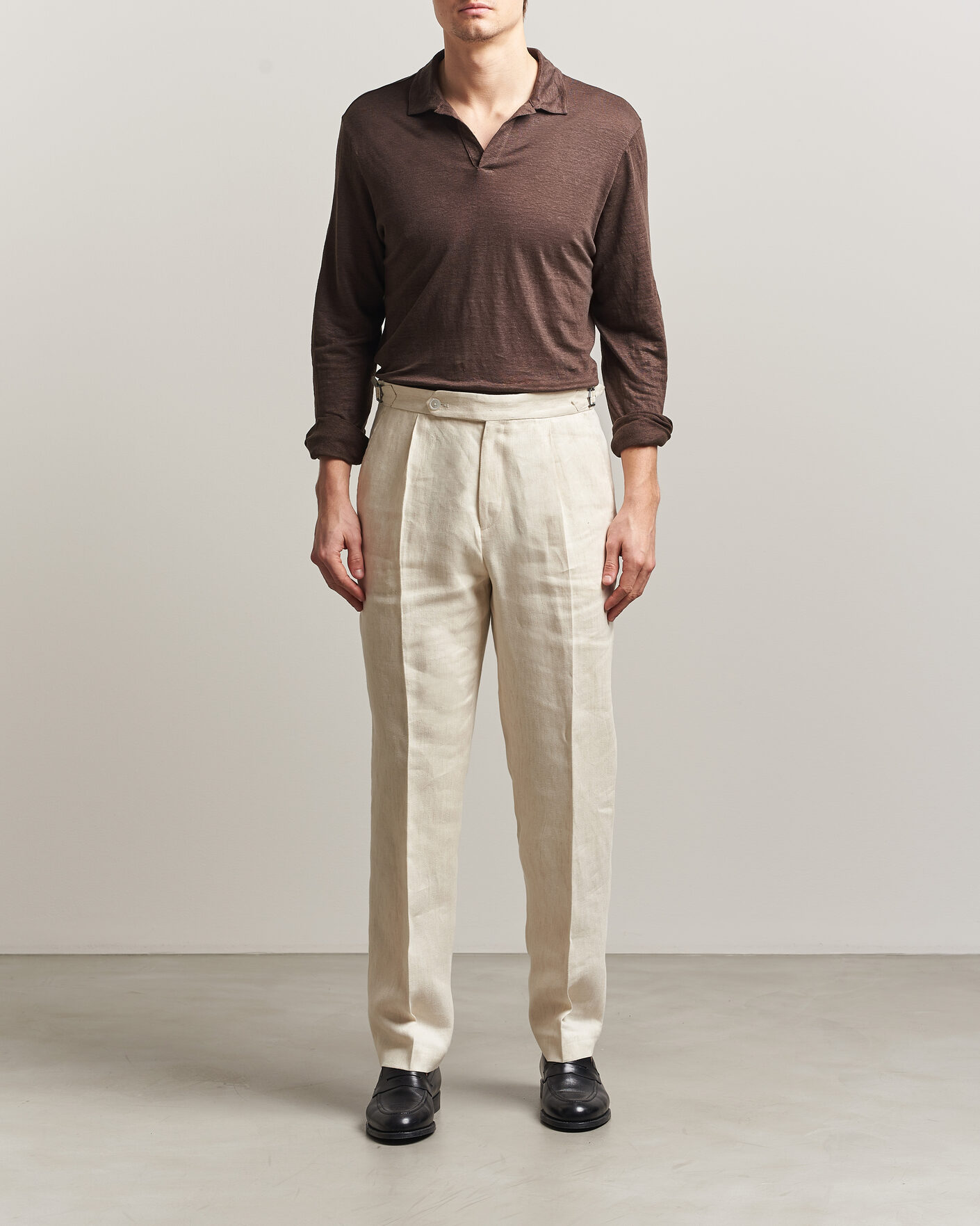 Herren | Poloshirts | Gran Sasso | Washed Linen Long Sleeve Polo Brown Melange