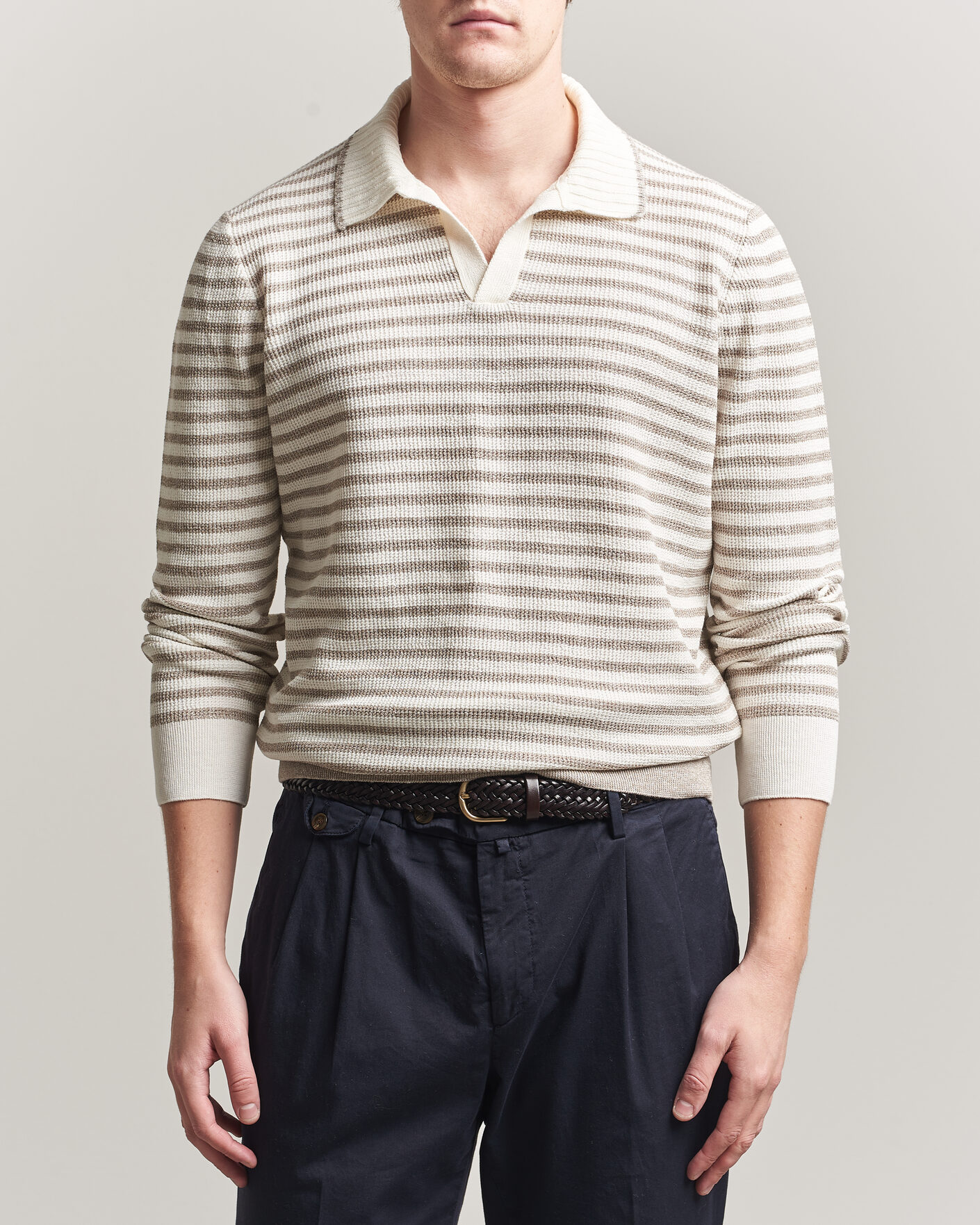 Herren | Pullover | Gran Sasso | Linen/Cotton Knitted Striped Polo Beige/White