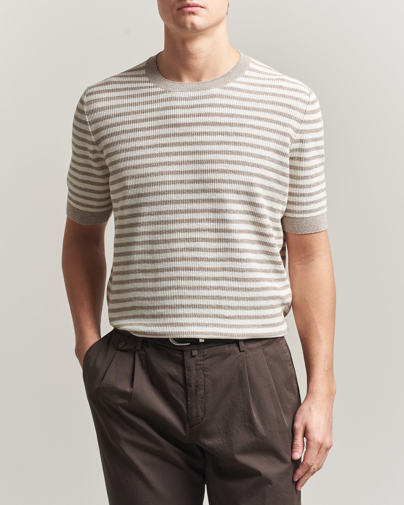 Herren | T-Shirts | Gran Sasso | Linen/Cotton Knitted Striped T-Shirt Beige/White