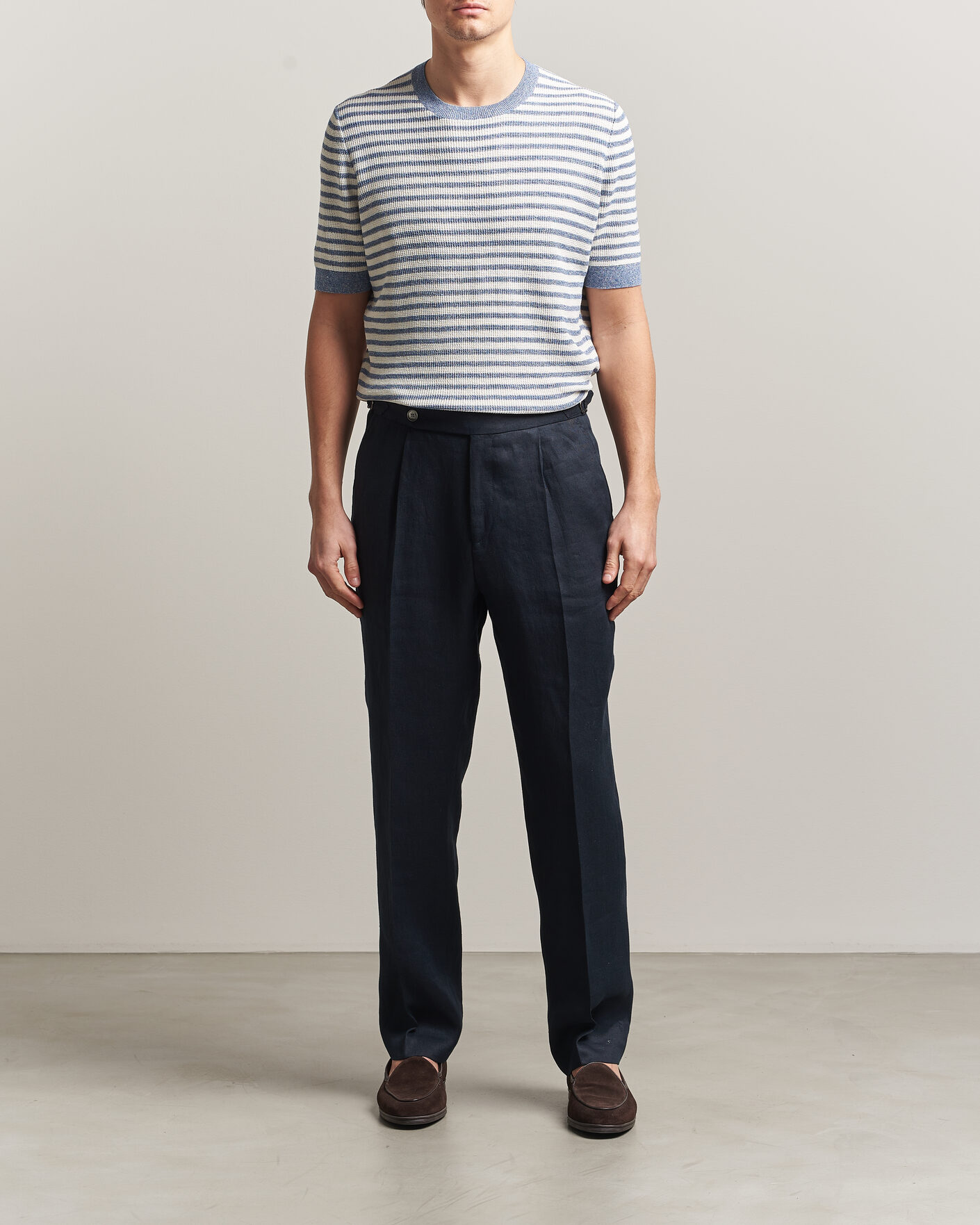 Herren | T-Shirts | Gran Sasso | Linen/Cotton Knitted Striped T-Shirt Blue/White