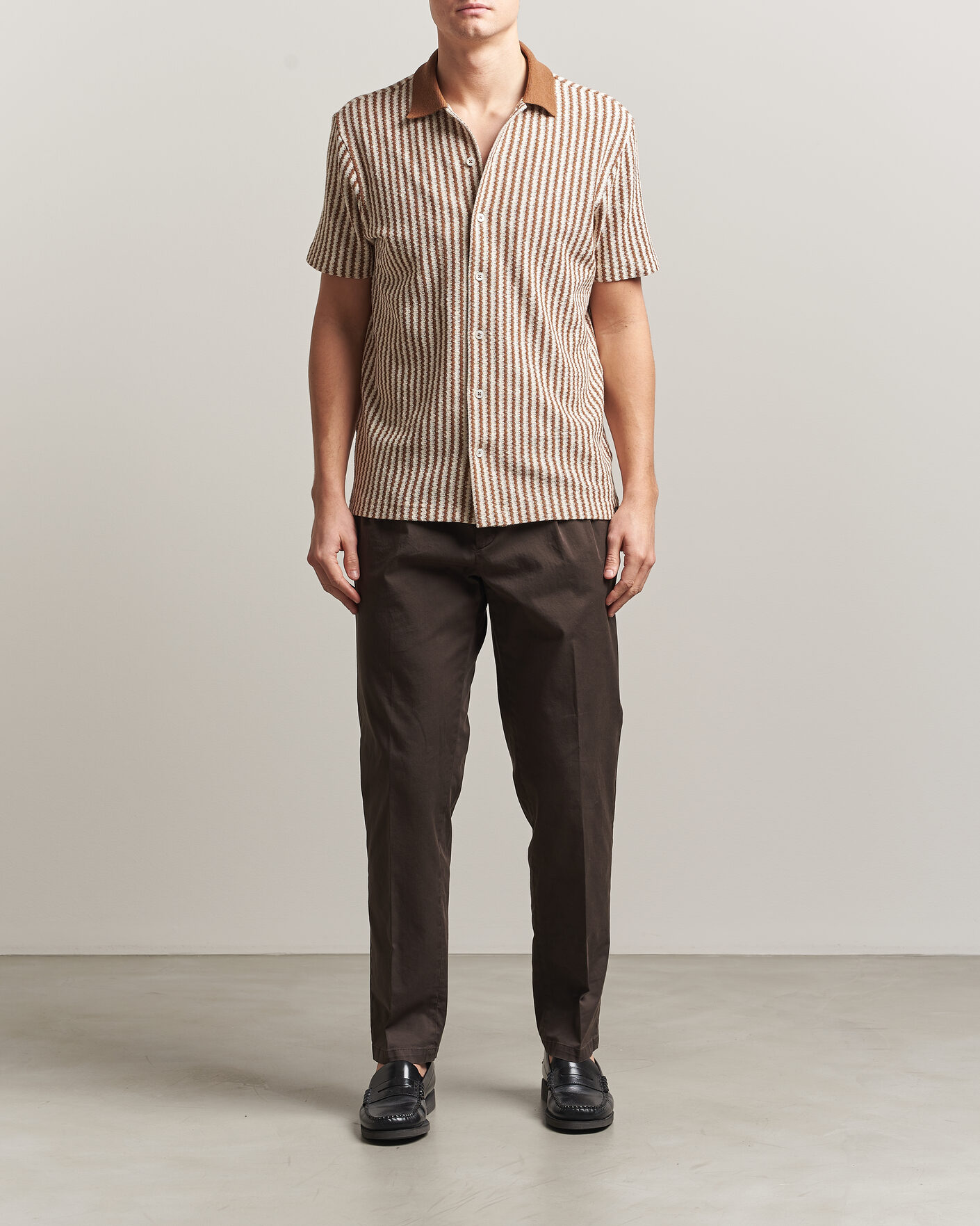 Herren | Hemden | Gran Sasso | Cotton Knitted Striped Resort Shirt Brown/White