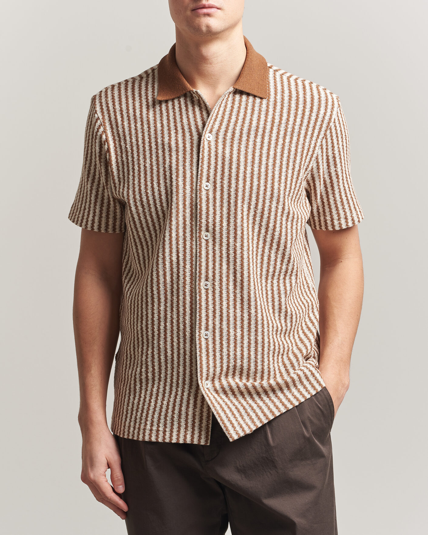 Herren | Hemden | Gran Sasso | Cotton Knitted Striped Resort Shirt Brown/White