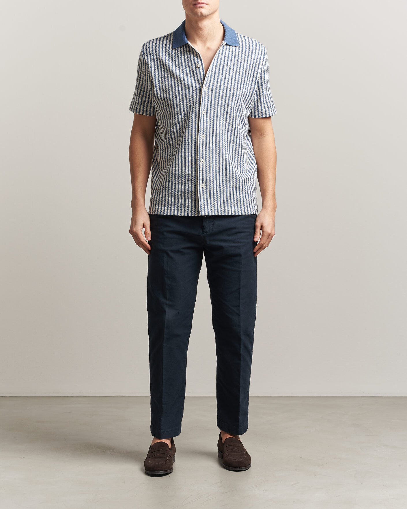 Herren | Hemden | Gran Sasso | Cotton Knitted Striped Resort Shirt Blue/white