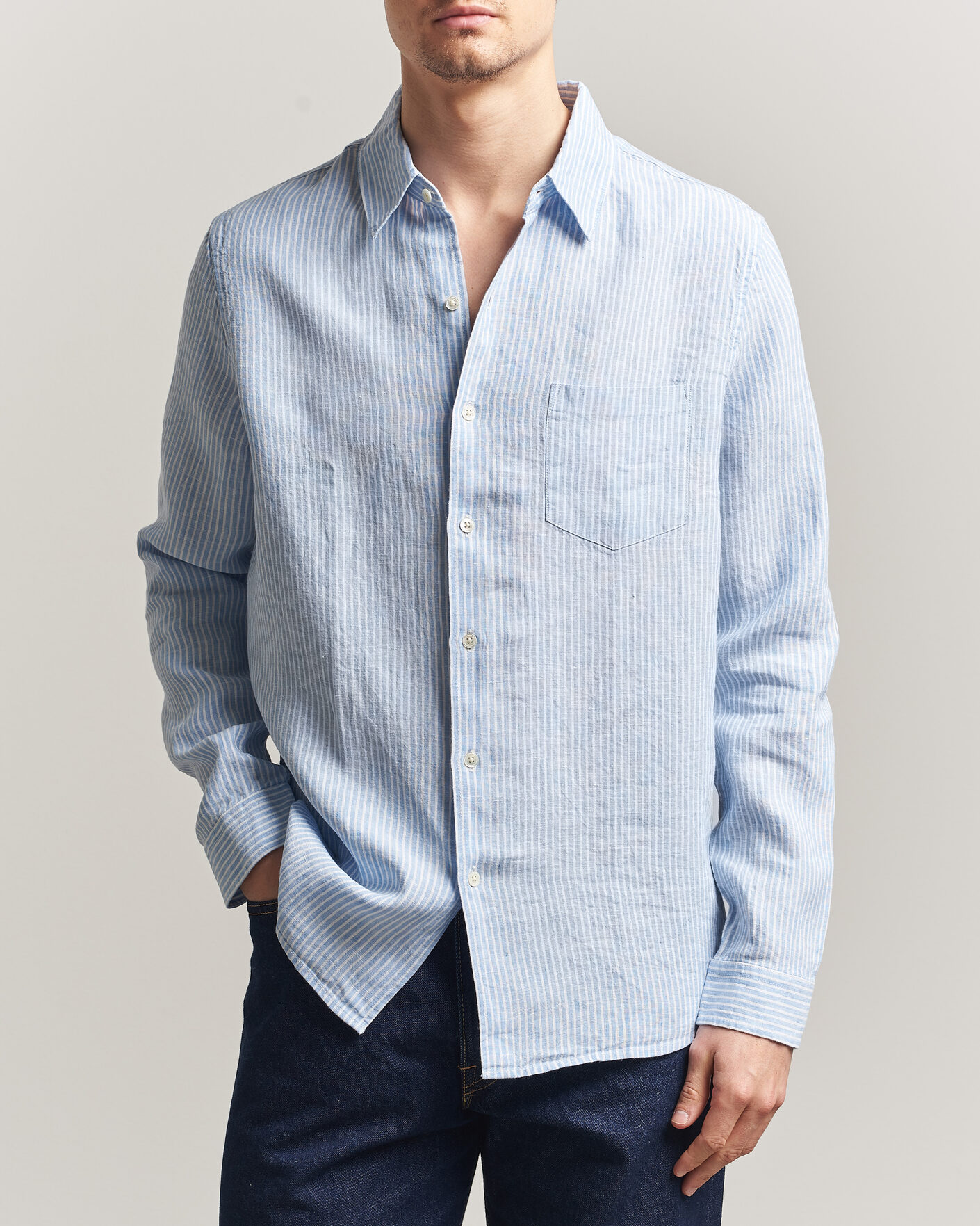 Herren | Hemden | A Day's March | Daintree Striped Linen Shirt Light Blue/White