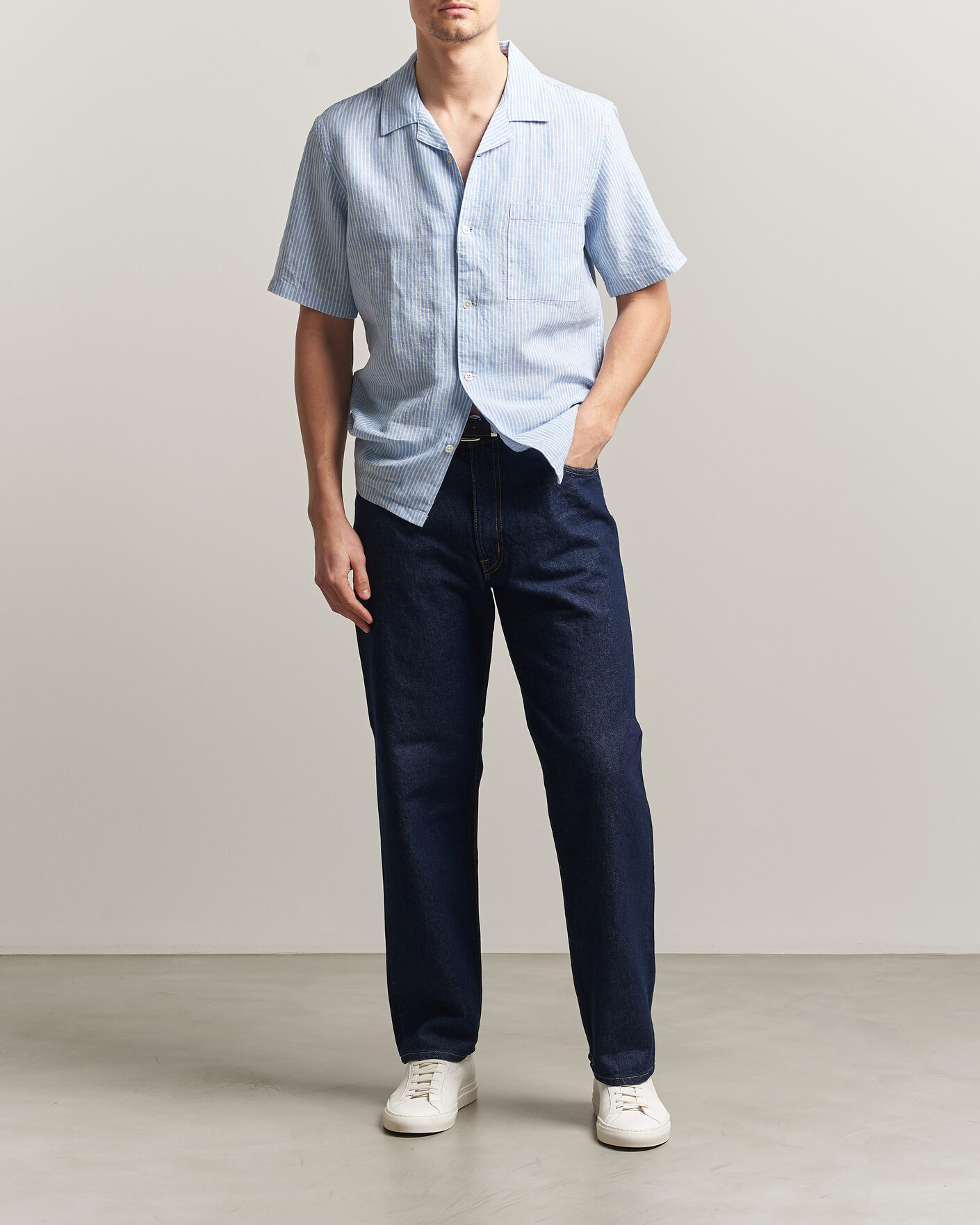 Herren | Hemden | A Day's March | Yamu Striped Linen Short Sleeve Shirt Light Blue