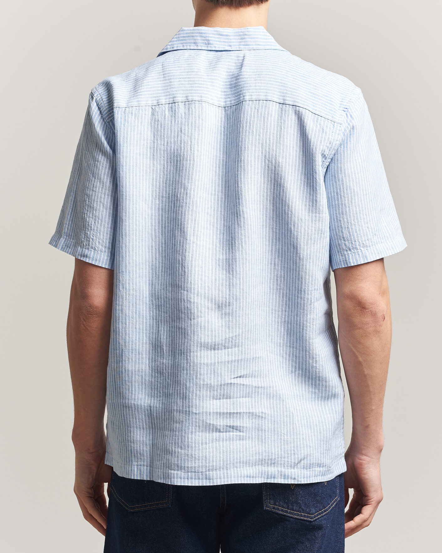 Herren | Hemden | A Day's March | Yamu Striped Linen Short Sleeve Shirt Light Blue