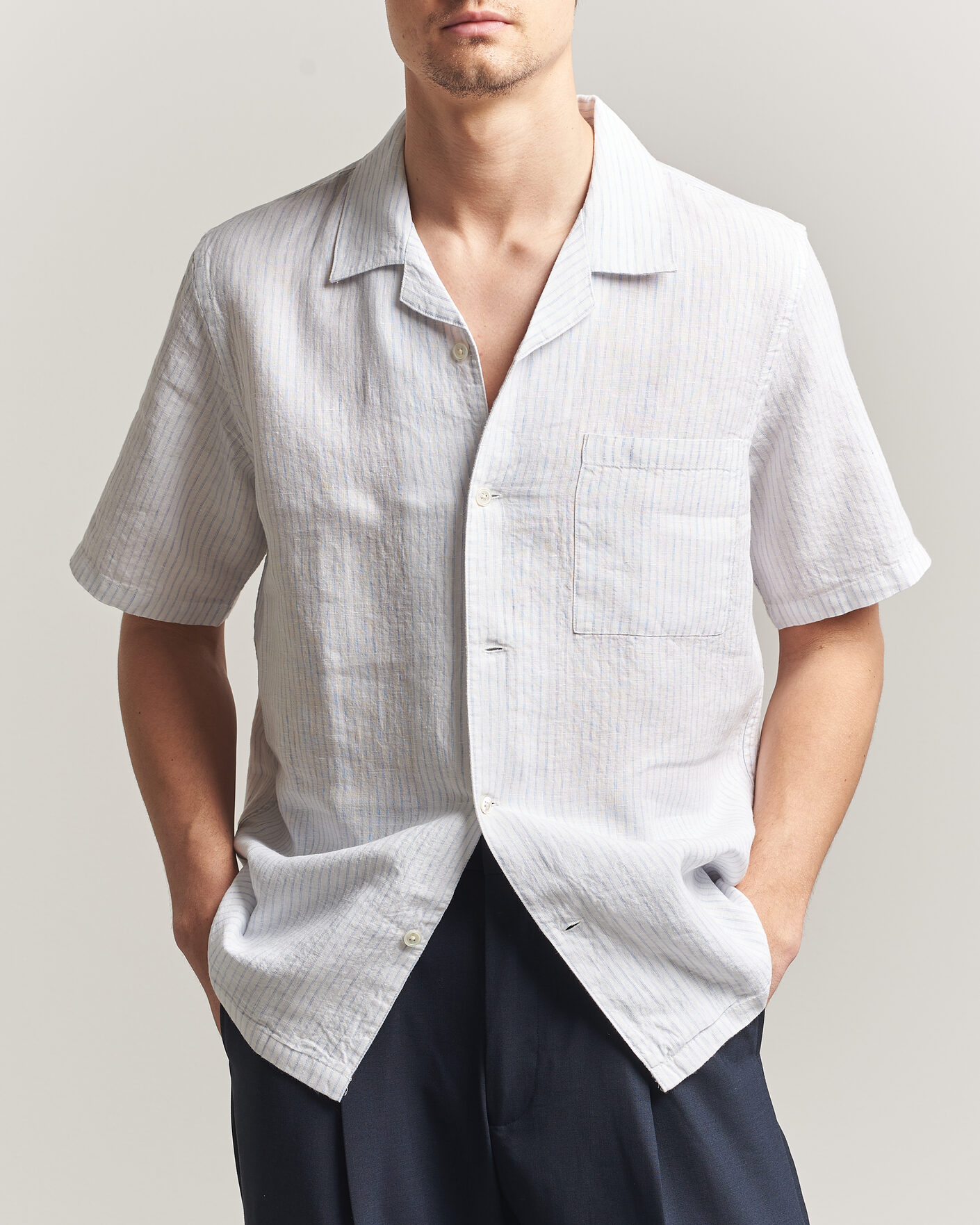 Herren | Hemden | A Day's March | Yamu Striped Linen Short Sleeve Shirt White