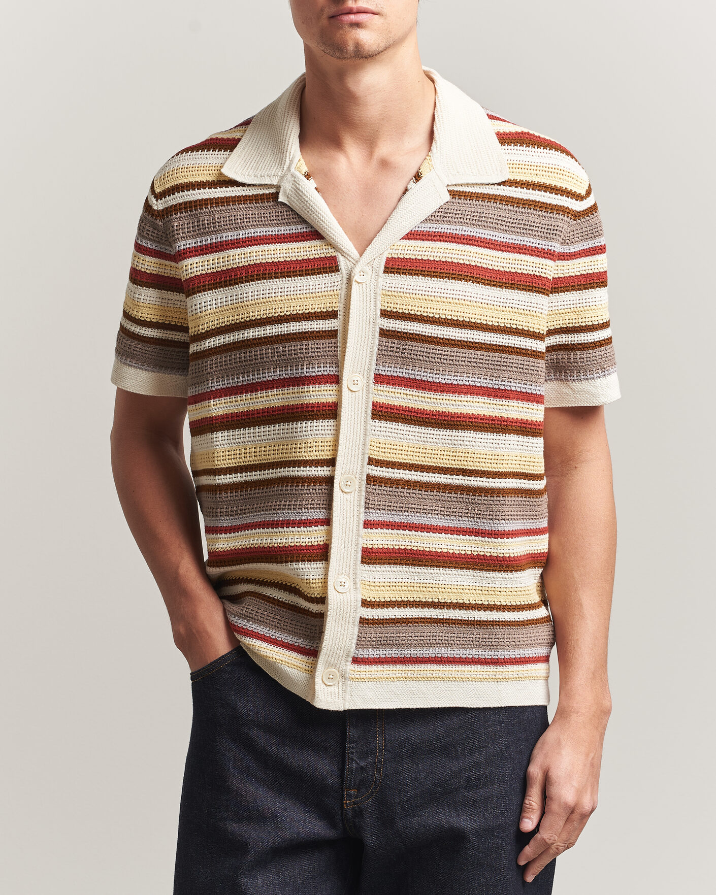 Herren | Hemden | NN07 | Lars Striped Knitted Short Sleeve Shirt Ivory Multi