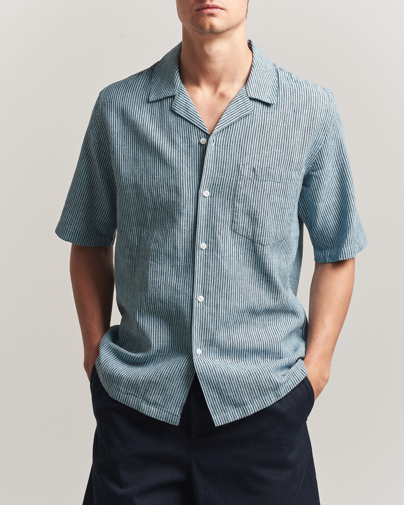 Herren | Hemden | Samsøe Samsøe | Oscar Linen/Cotton Striped Short Sleeve Shirt Tourmaline