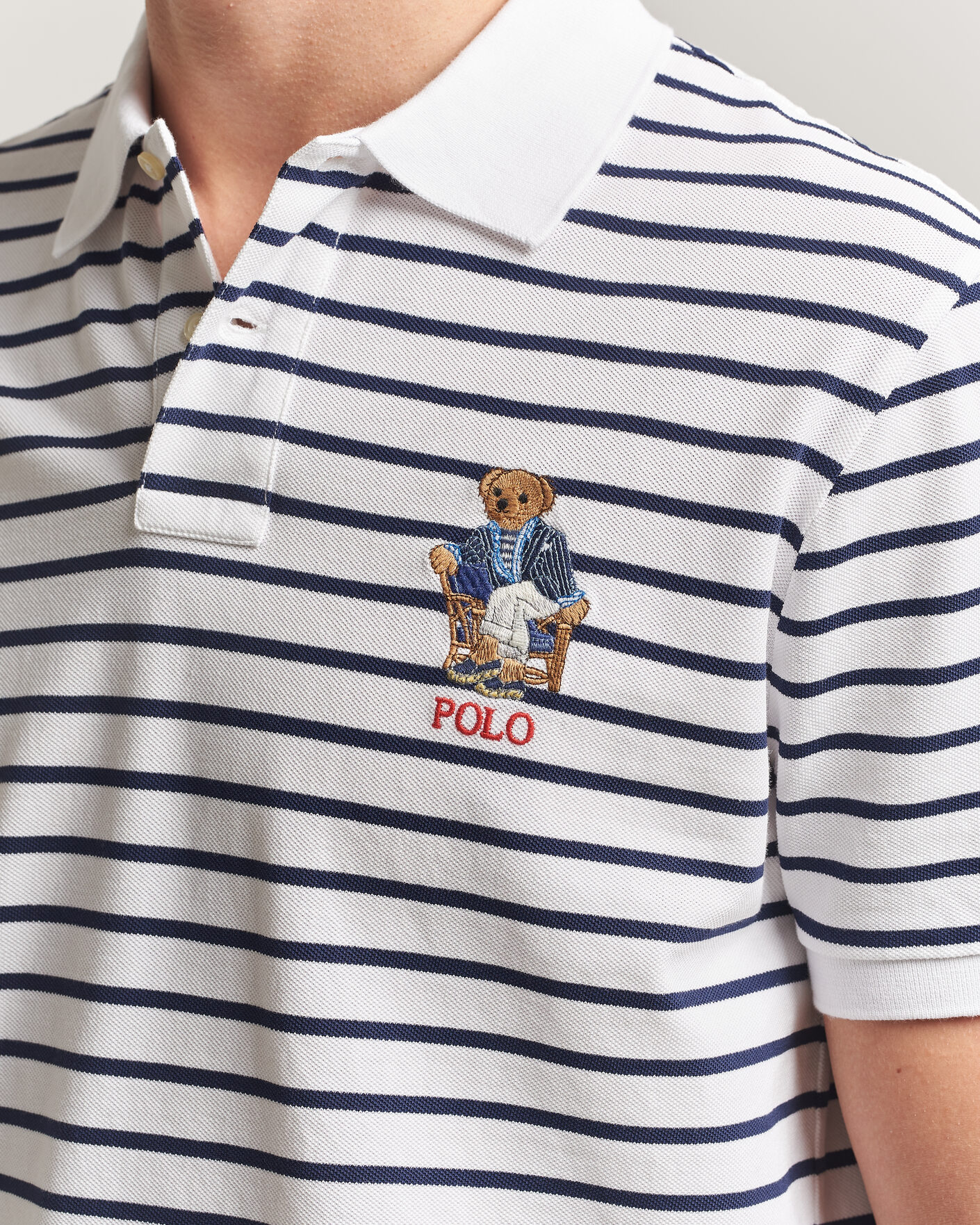 Herren | Poloshirts | Polo Ralph Lauren | Newport Bear Striped Custom Slim Polo White/Navy