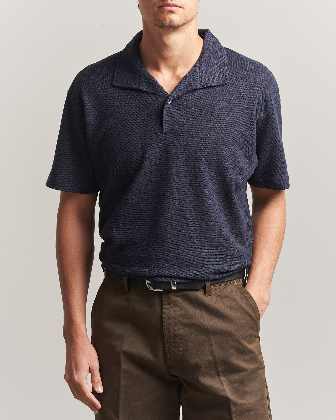 Herren | Poloshirts | Sunspel | Cotton/Linen Pique Polo Navy