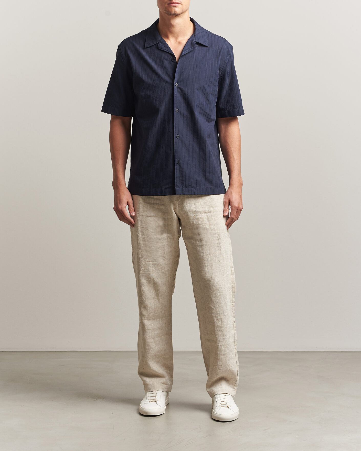 Herren | Hemden | Sunspel | Short Sleeve Textured Stripe Shirt Navy