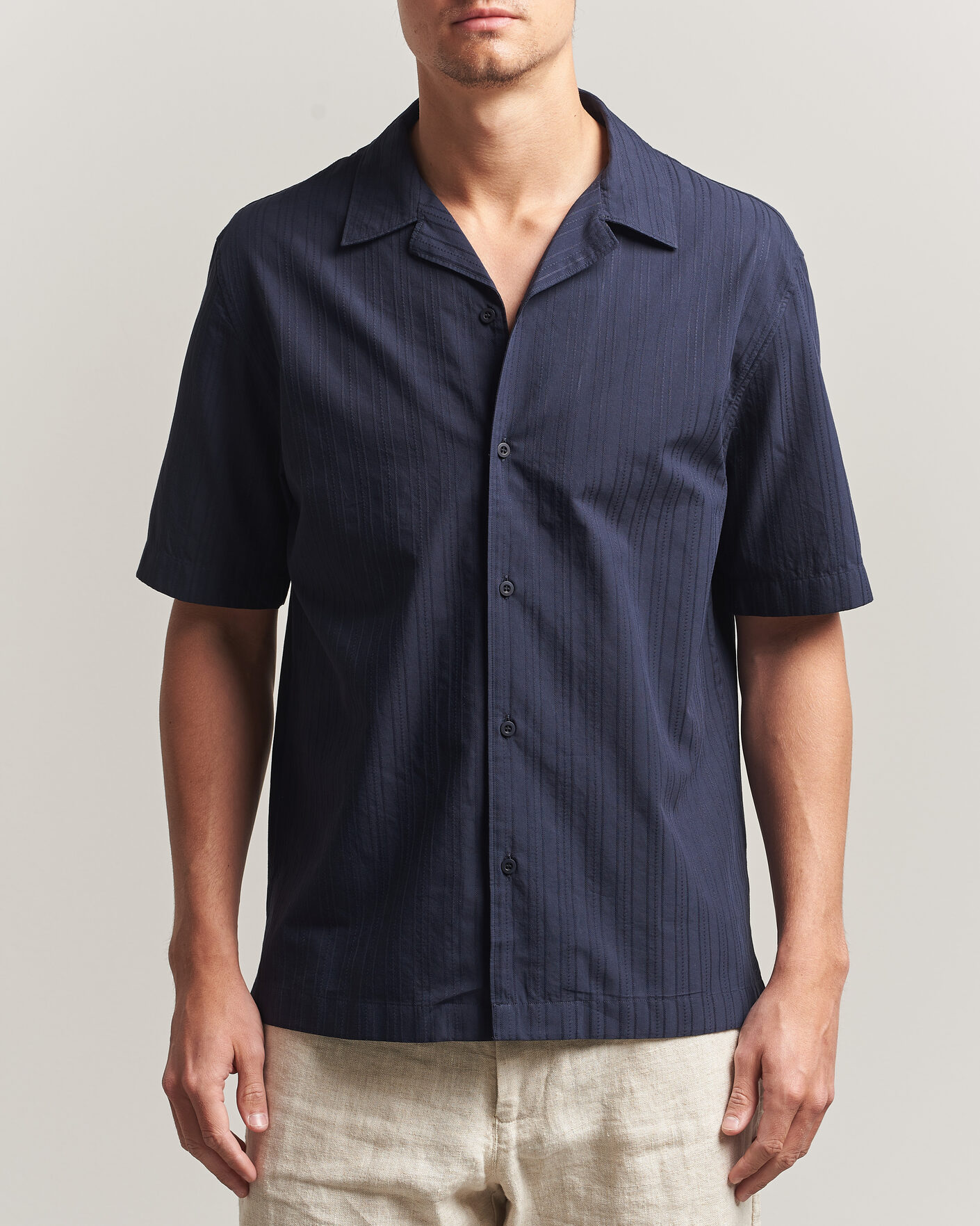 Herren | Hemden | Sunspel | Short Sleeve Textured Stripe Shirt Navy