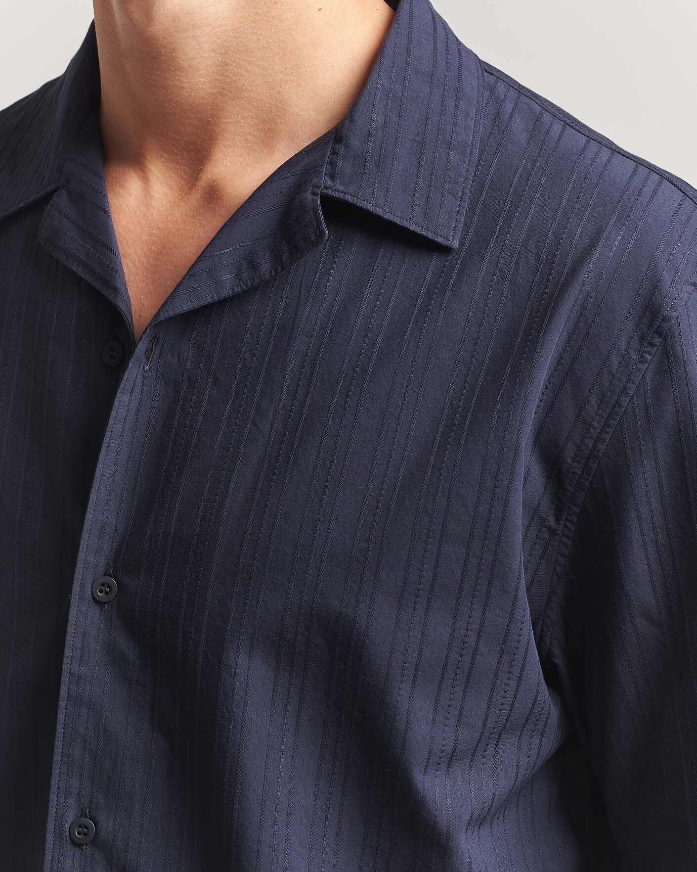 Herren | Hemden | Sunspel | Short Sleeve Textured Stripe Shirt Navy