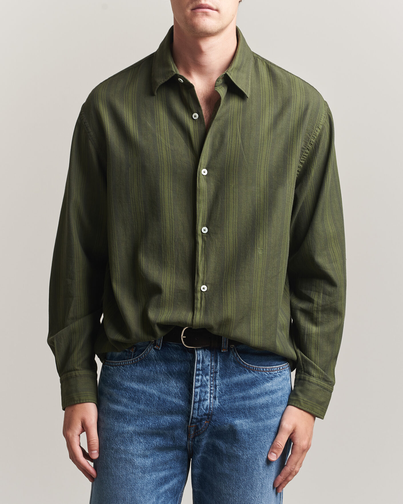 Herren | Hemden | Massimo Alba | Boxy Striped Cotton Shirt Moss Green