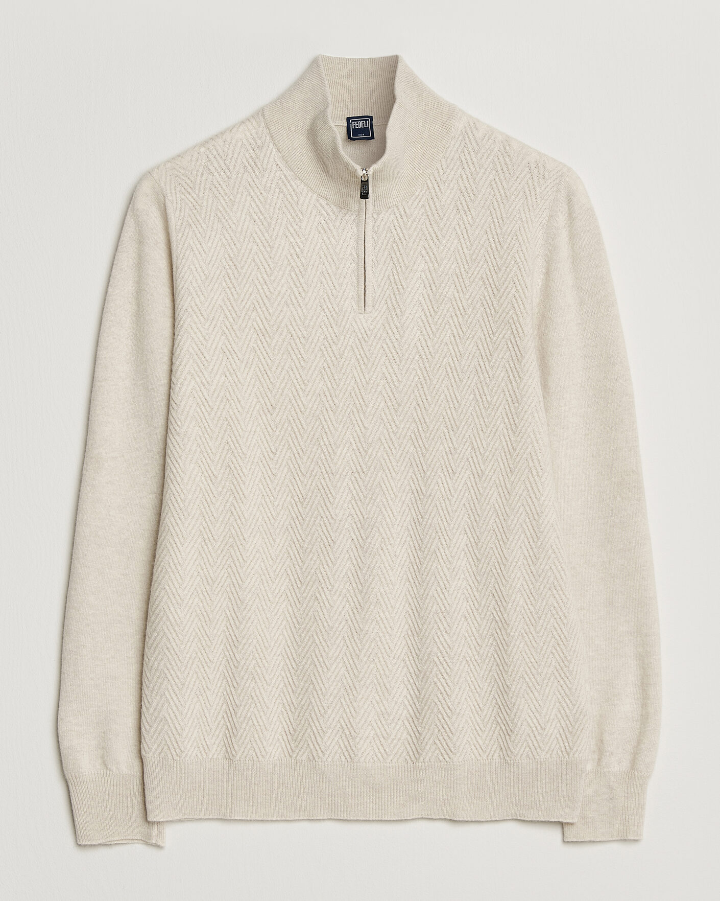 Herren | Pullover | Fedeli | Wool/Cashmere Chevron Half Zip Light Beige